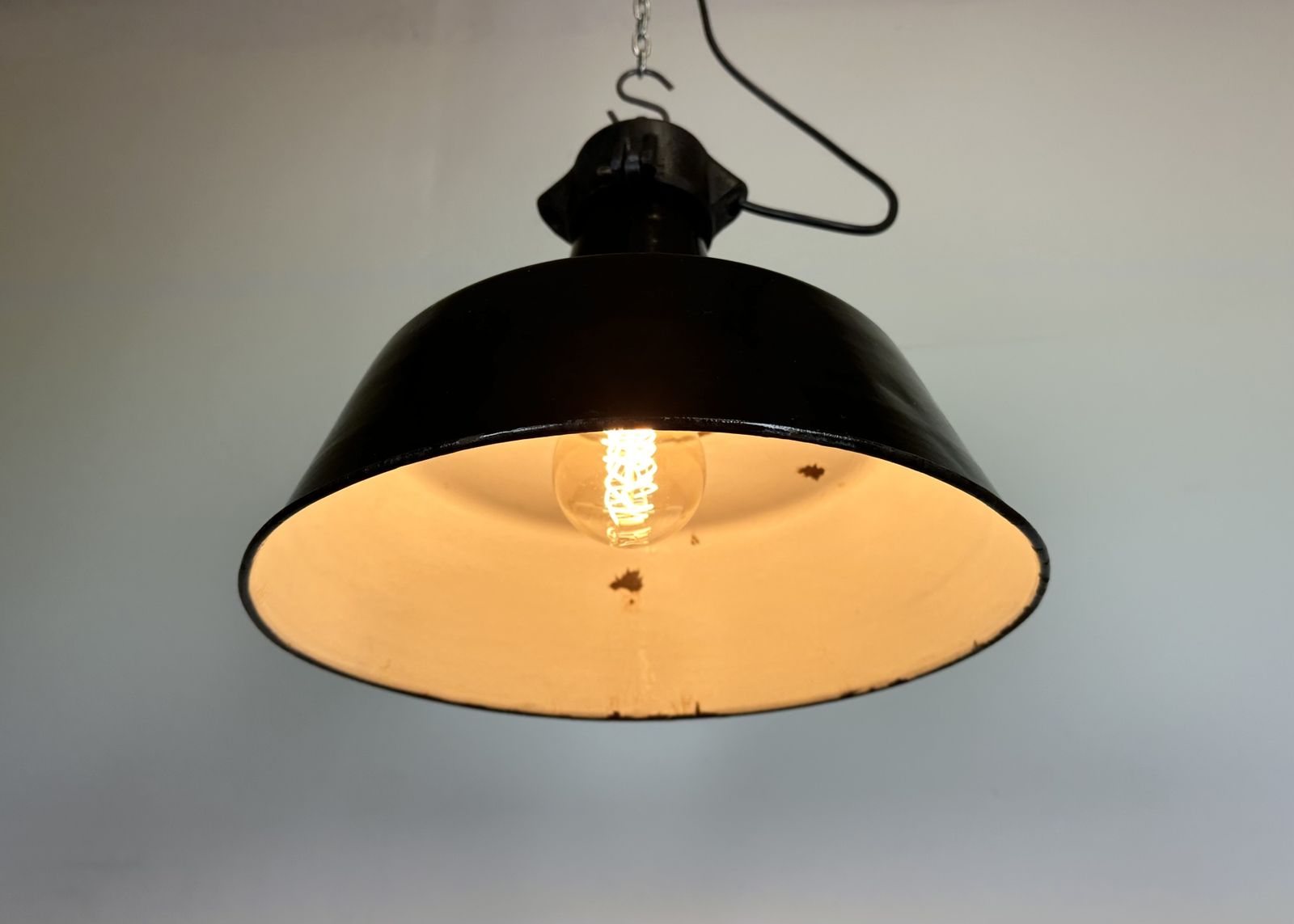 photo buy Industrial Black Enamel Factory Lamp With Cast Iron Top, 1960s
