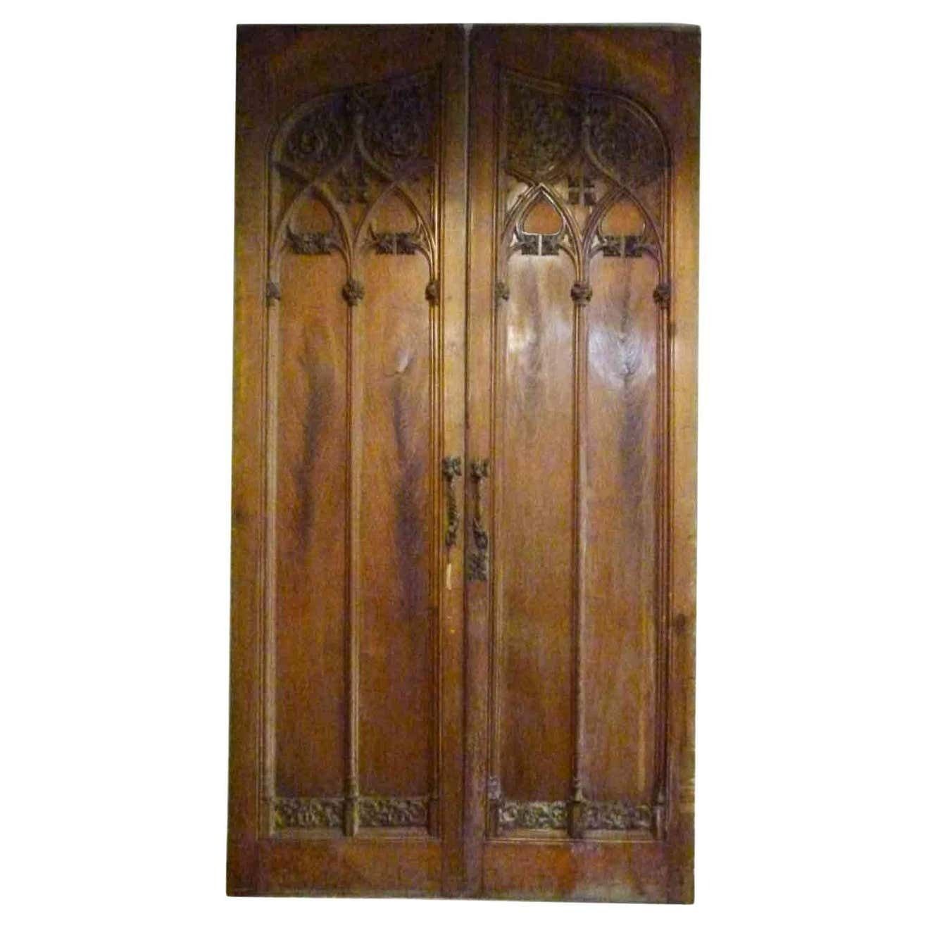 Gothic Revival Style Antique Wooden Double Leaf Door From Spain