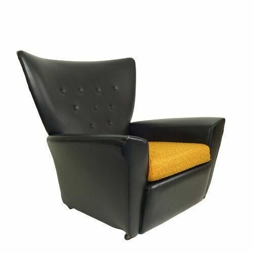 Mid Century James Bond Wingback Chair, Vintage Black Vinyl G Plan Style Armchair