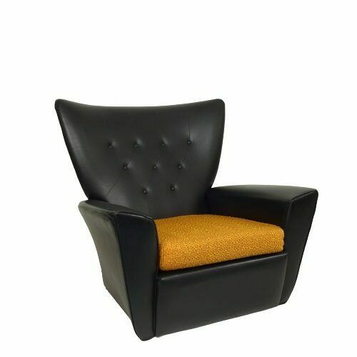 Mid Century James Bond Wingback Chair, Vintage Black Vinyl G Plan Style Armchair photo for sale