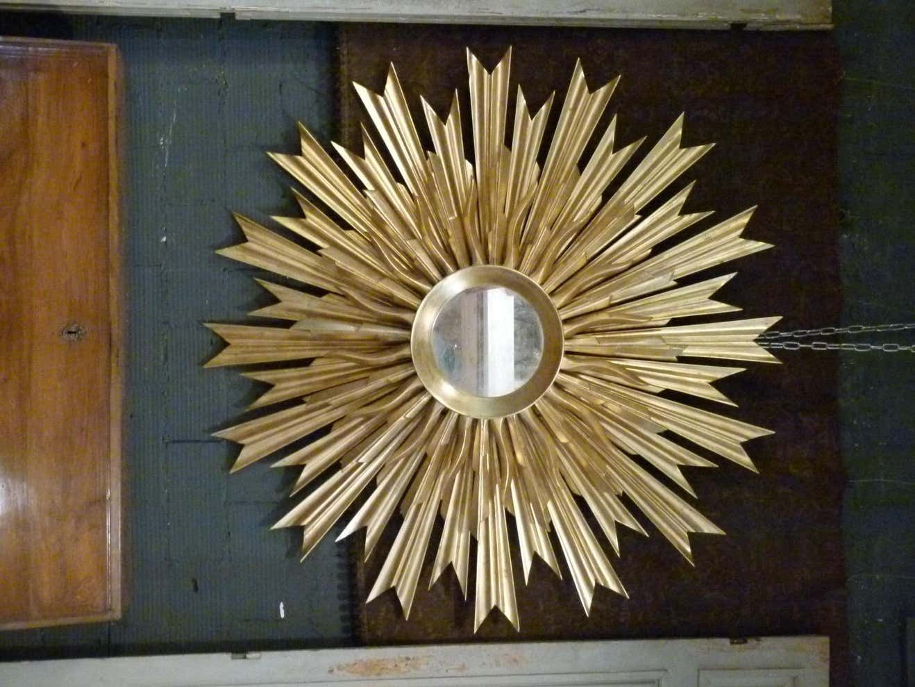Large Mid Century Three Layered Gold Wood Sunburst Wall Mirror. photo Home Decor