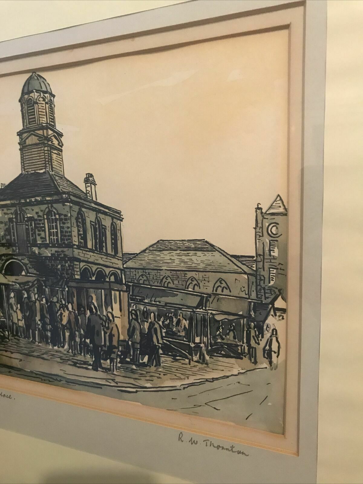Art R W Thornton Original Watercolour & Ink Drawing Market Place Signed Framed photo