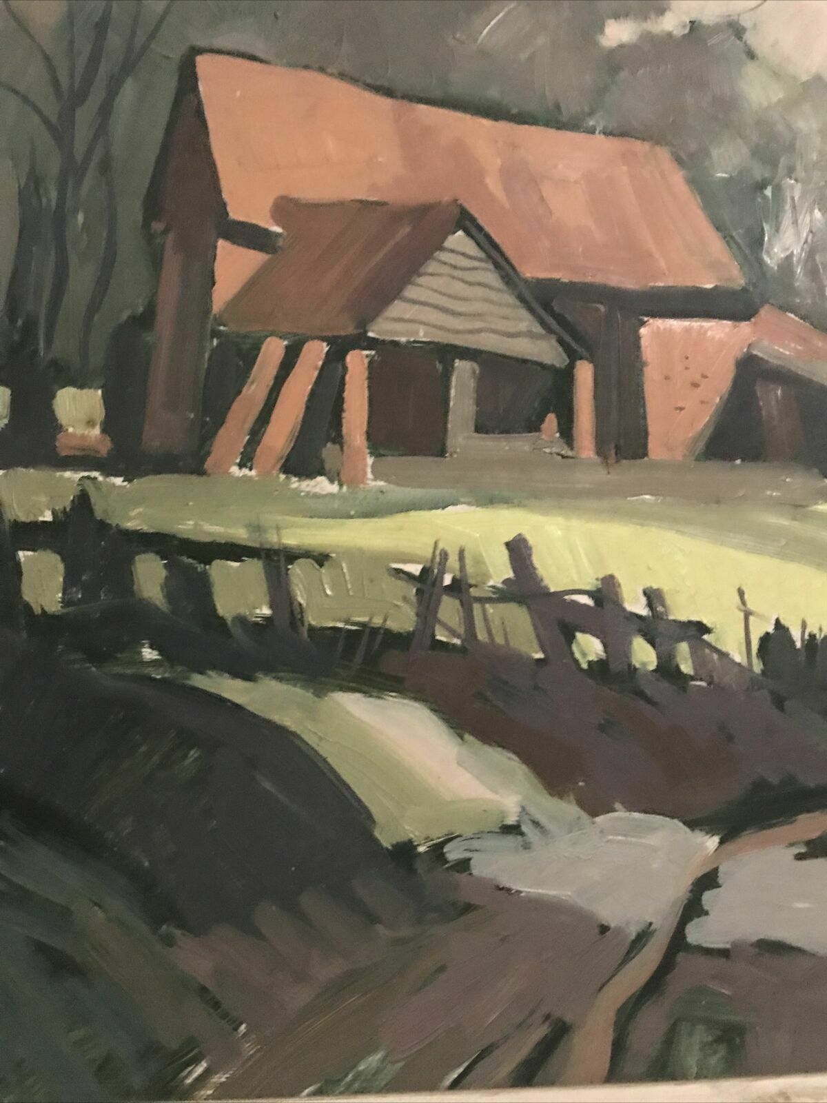 Original Oil Painting Landscape Framed Superb 1979 Vintage Signed Verso Red Barn photo for sale