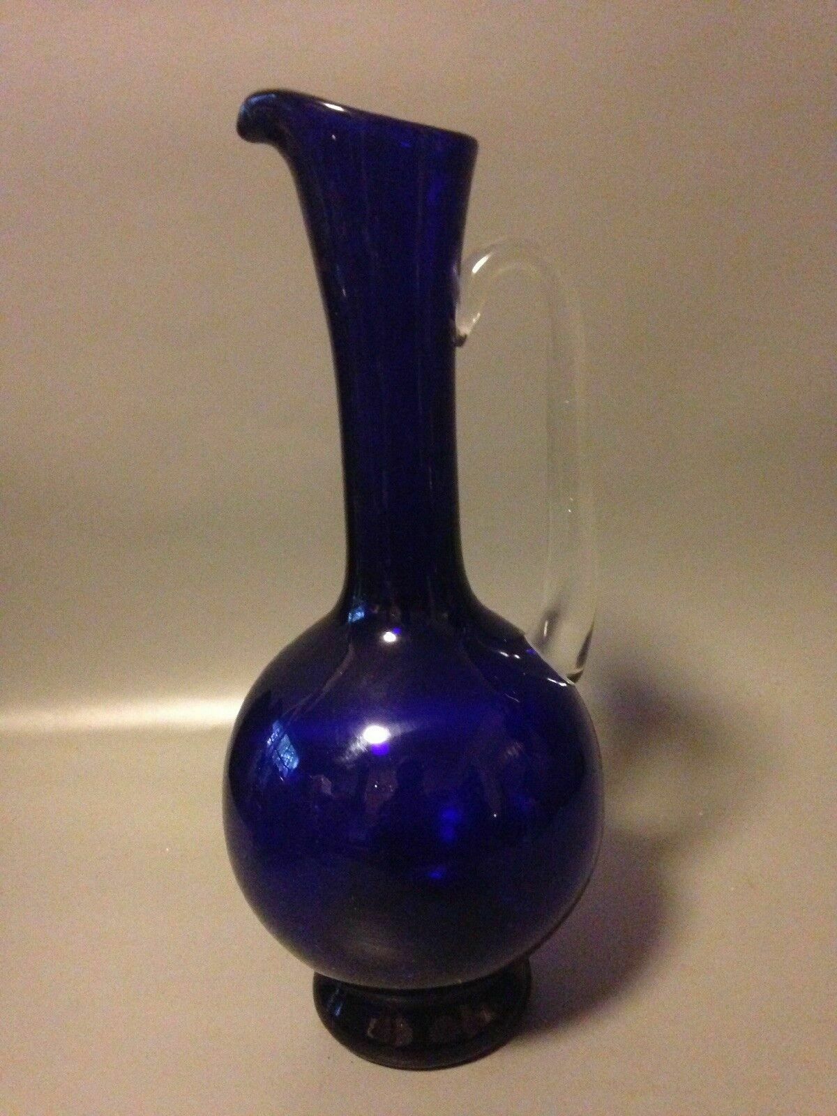 Mid Century Cobalt Blue Art Glass Carafe Water Jug Decanter Applied Handle photo for sale