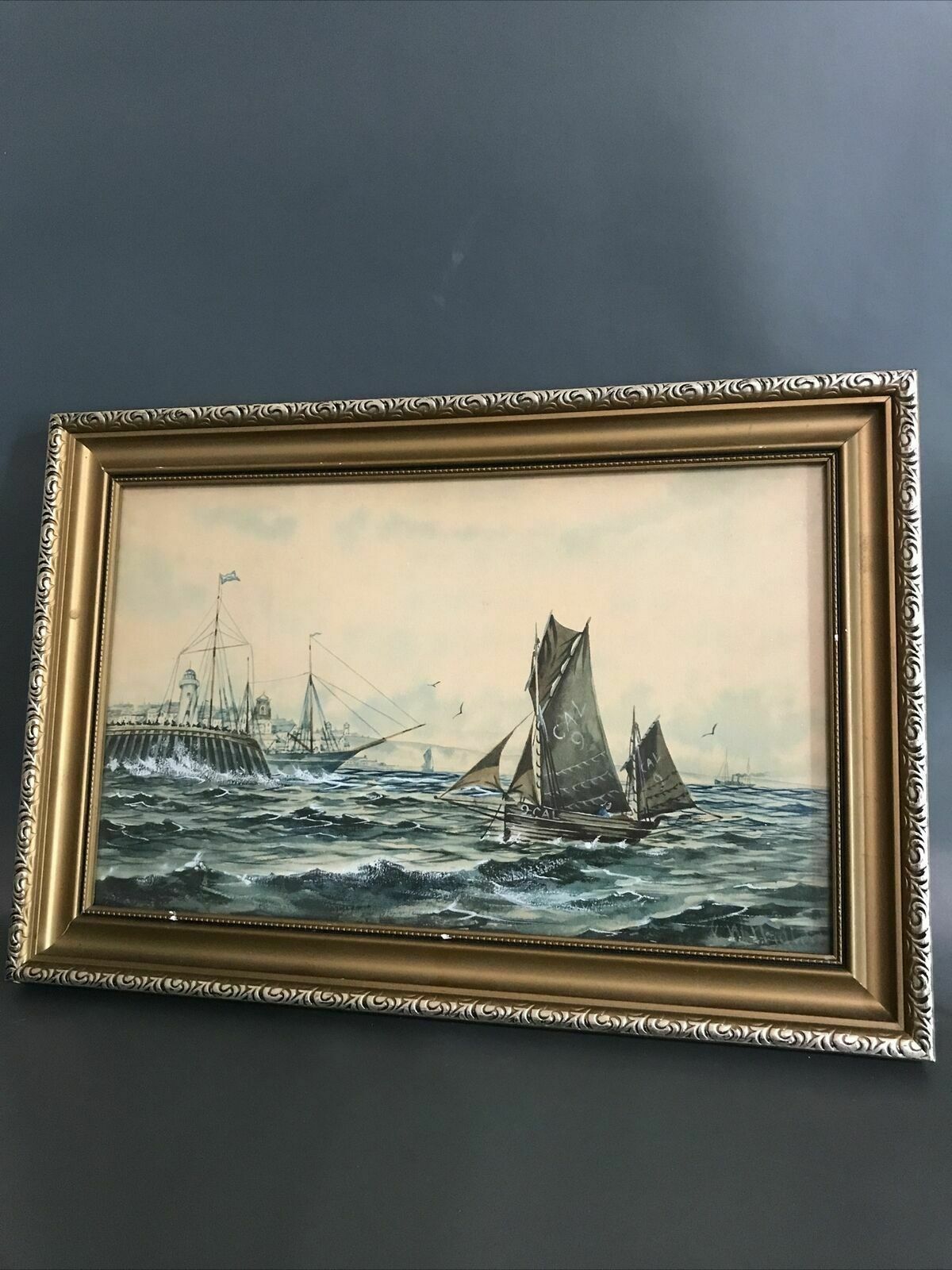F W Ridley Antique Watercolour Gouache Painting Sailing Nautical Theme Boats