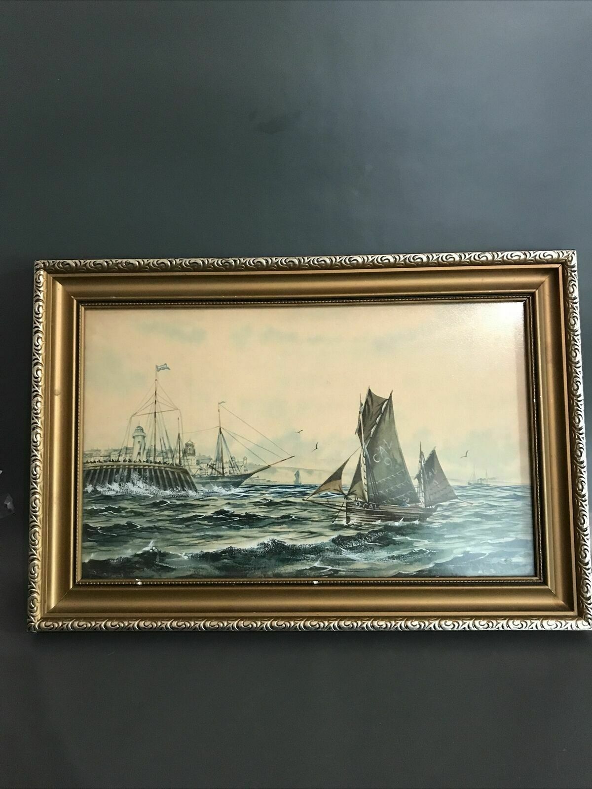 Art F W Ridley Antique Watercolour Gouache Painting Sailing Nautical Theme Boats photo