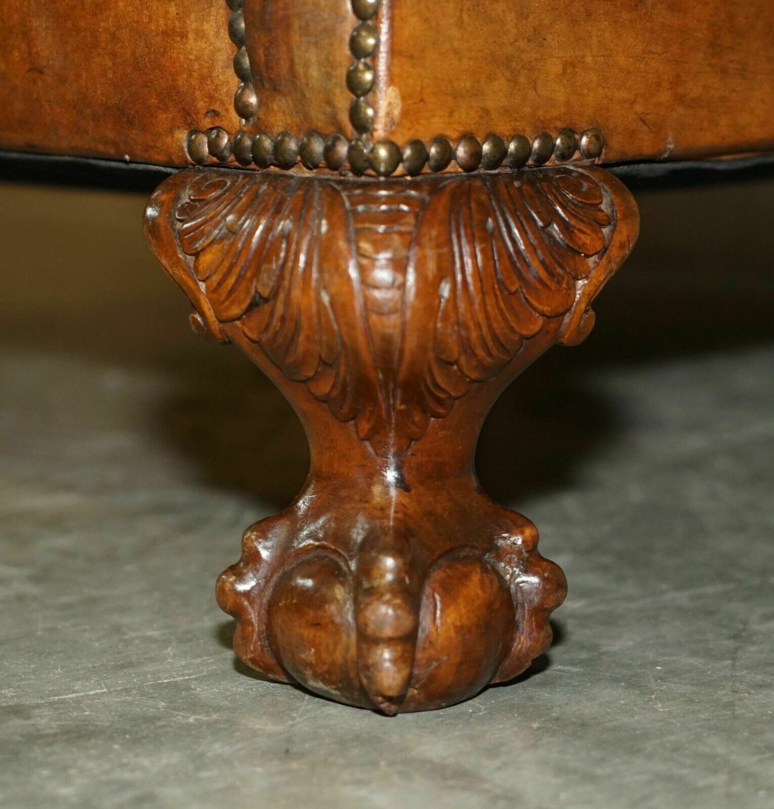 photo vinterior Antique Circa 1880 Hand Carved Claw & Ball Feet Brown Leather Club Tub Armchair