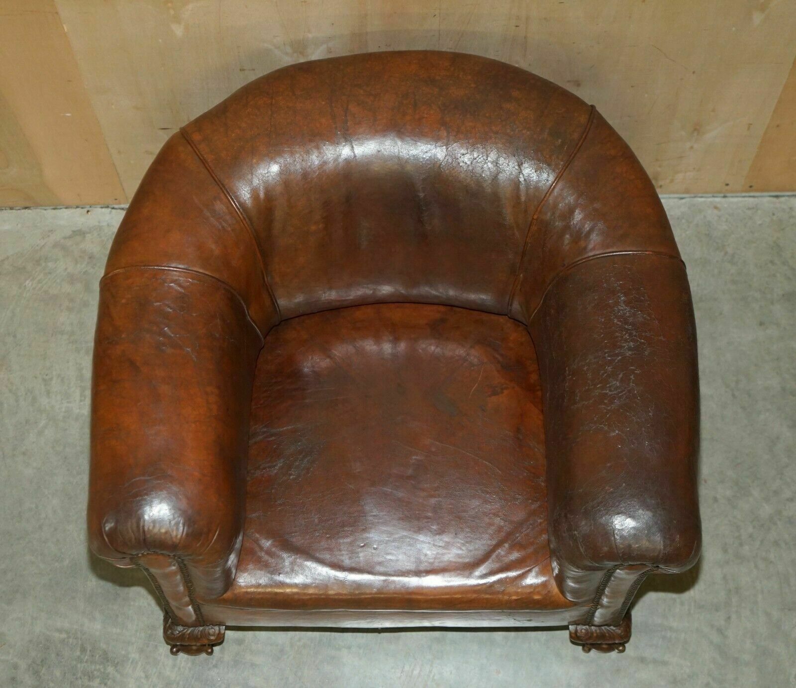photo buy Antique Circa 1880 Hand Carved Claw & Ball Feet Brown Leather Club Tub Armchair