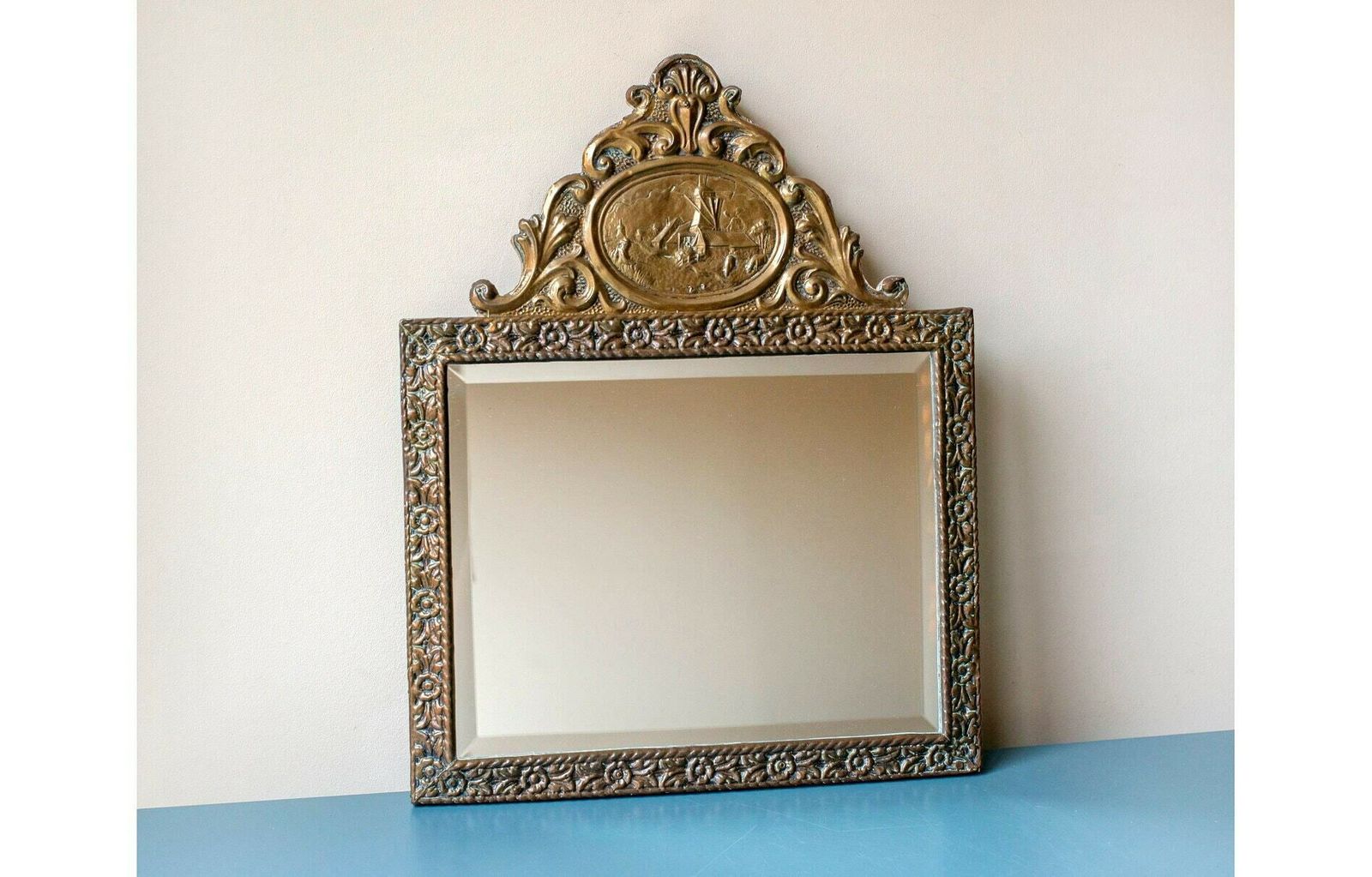 Old Ornate Mirror With Beveled Glass, Antique Dutch Scene Wall Mirror, Decorative Hand Carved Copper Mirror, Brass Wall Hanging