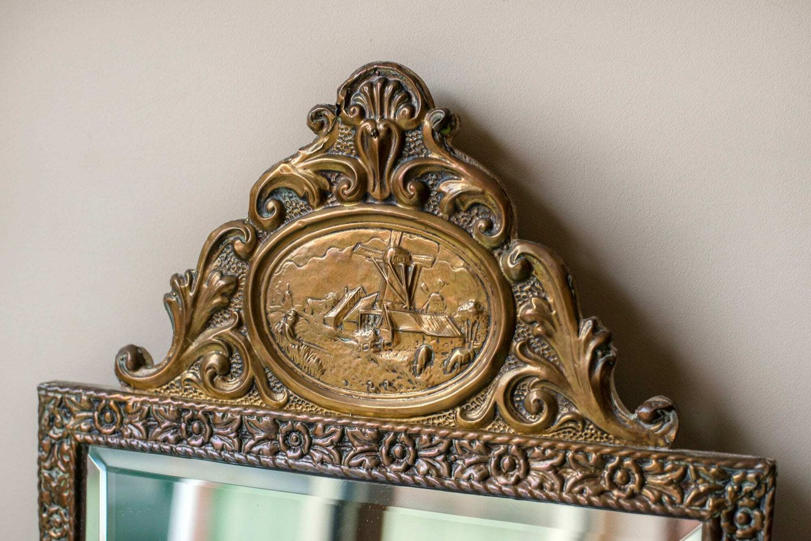 Old Ornate Mirror With Beveled Glass, Antique Dutch Scene Wall Mirror, Decorative Hand Carved Copper Mirror, Brass Wall Hanging photo Home Decor