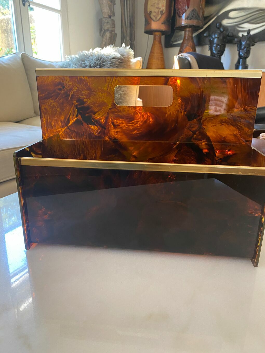 Maison Mercier Paris Magazine Rack In Lucite Tortoiseshell And Brass, 1970 photo furniture