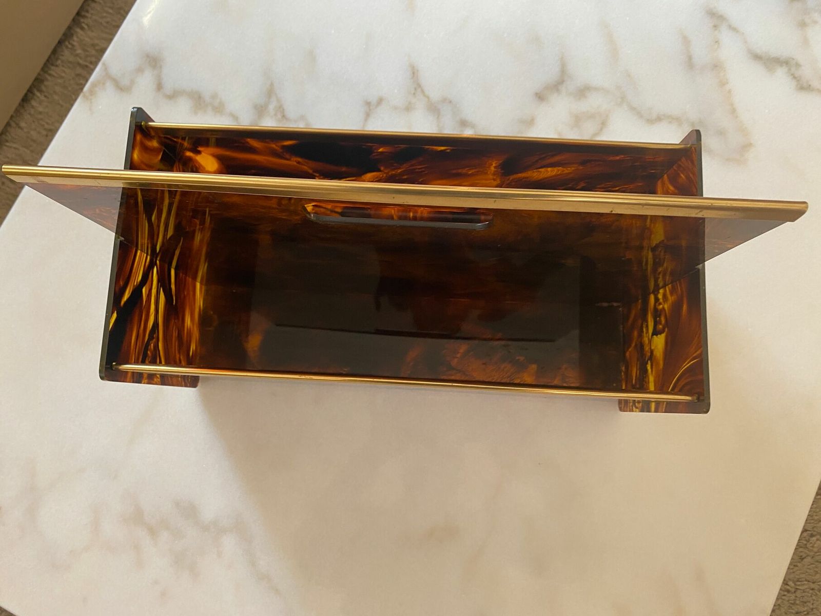 Maison Mercier Paris Magazine Rack In Lucite Tortoiseshell And Brass, 1970 photo for sale