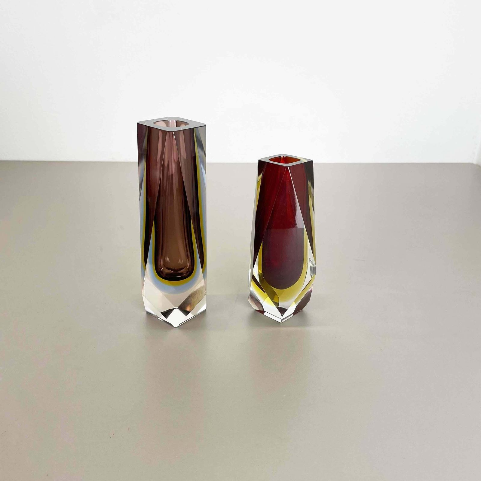 Set Of 2 Faceted Murano Glass Sommerso Vase Designed By Flavio Poli Italy, 1970s