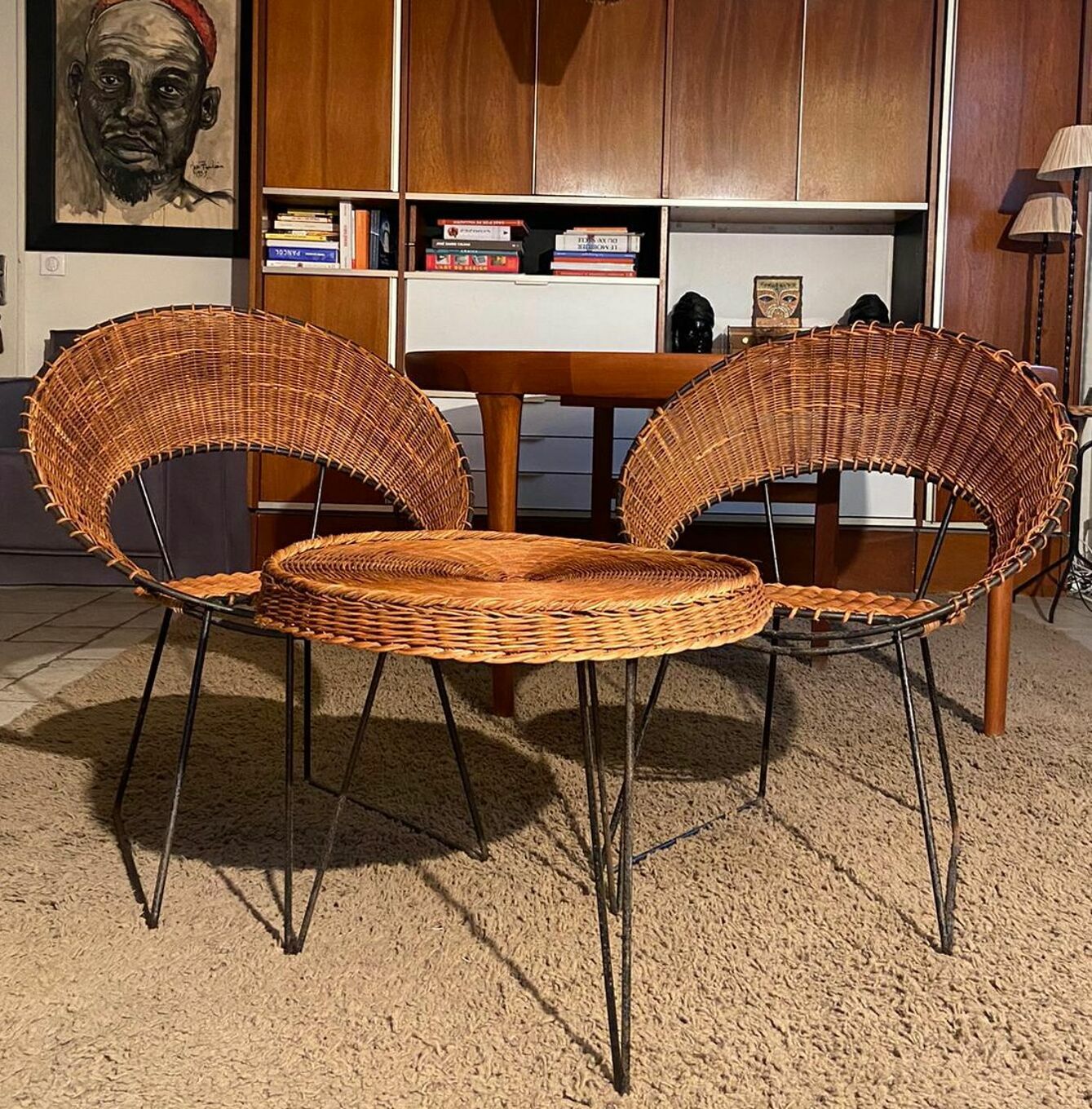 Set Of 2 Raoul Guy Wicker Armchairs And Coffee Table 1950 photo for sale