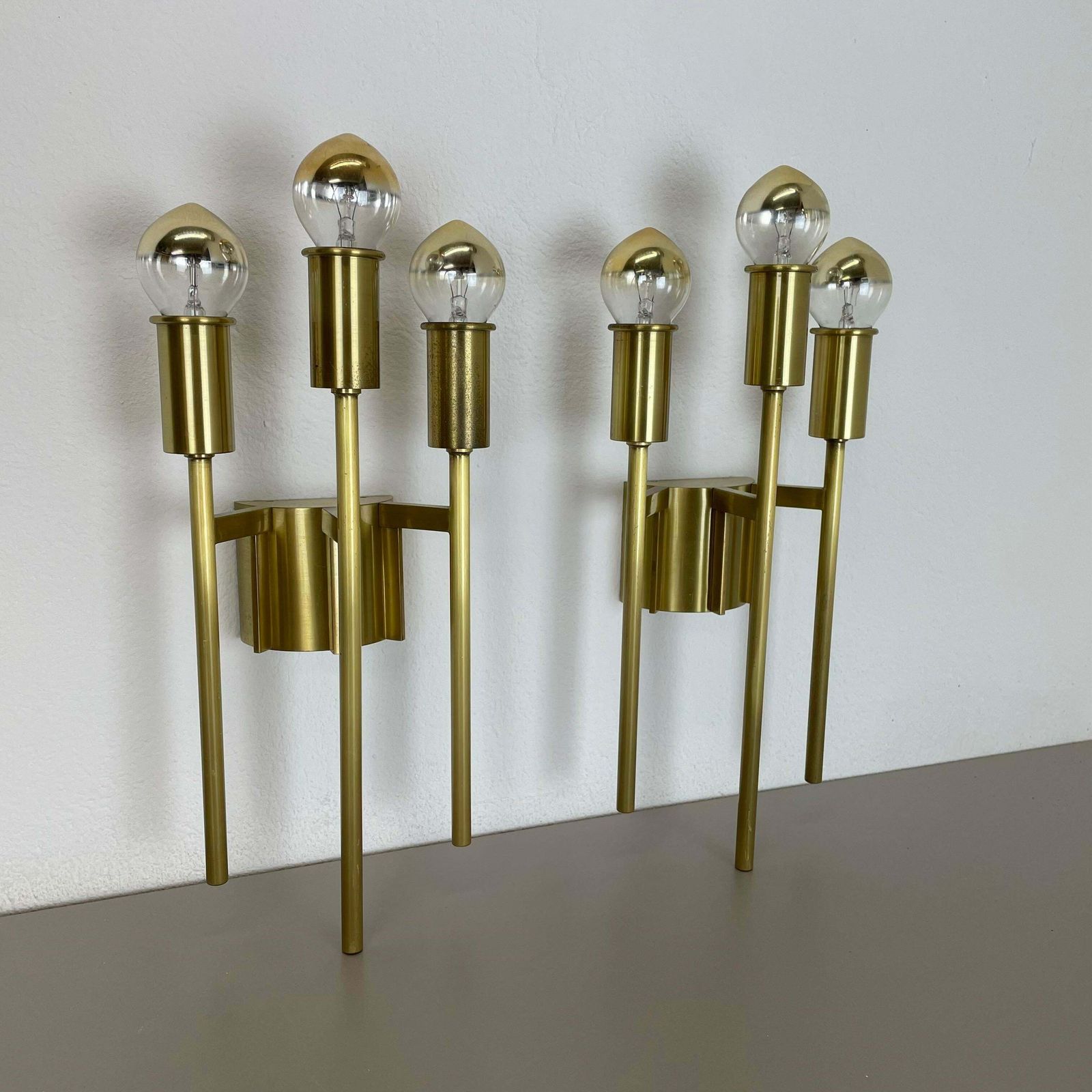 Set Of 2 Brass Italian Stilnovo Style Theatre Wall Light Sconces, Italy, 1970