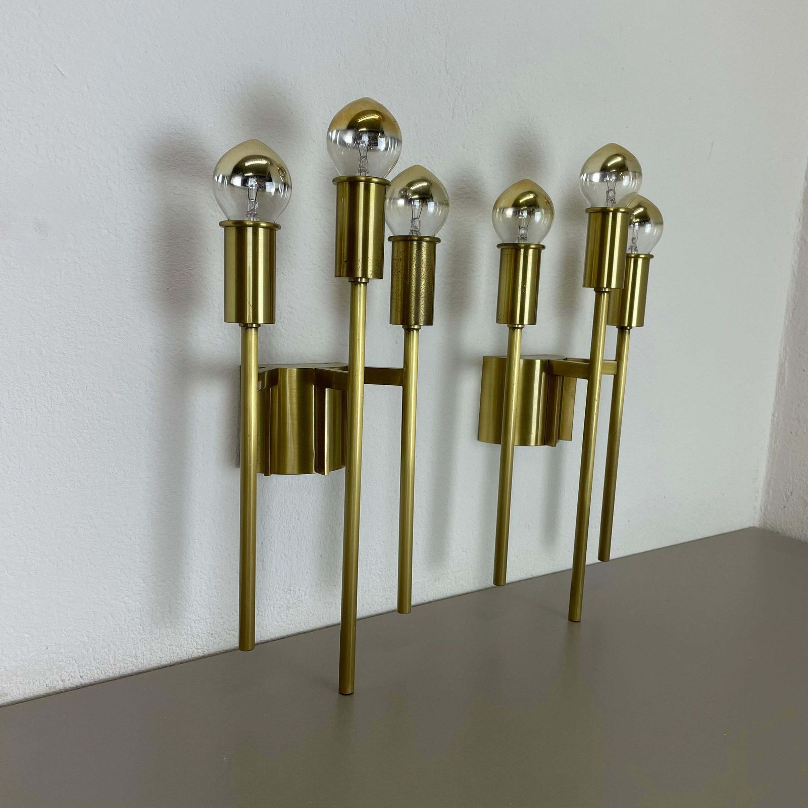 Set Of 2 Brass Italian Stilnovo Style Theatre Wall Light Sconces, Italy, 1970 photo furniture