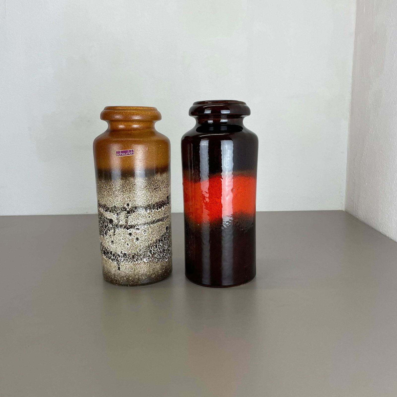 Set Of Two Pottery Fat Lava Vases "Multi Colour" By Scheurich, Germany, 1970s