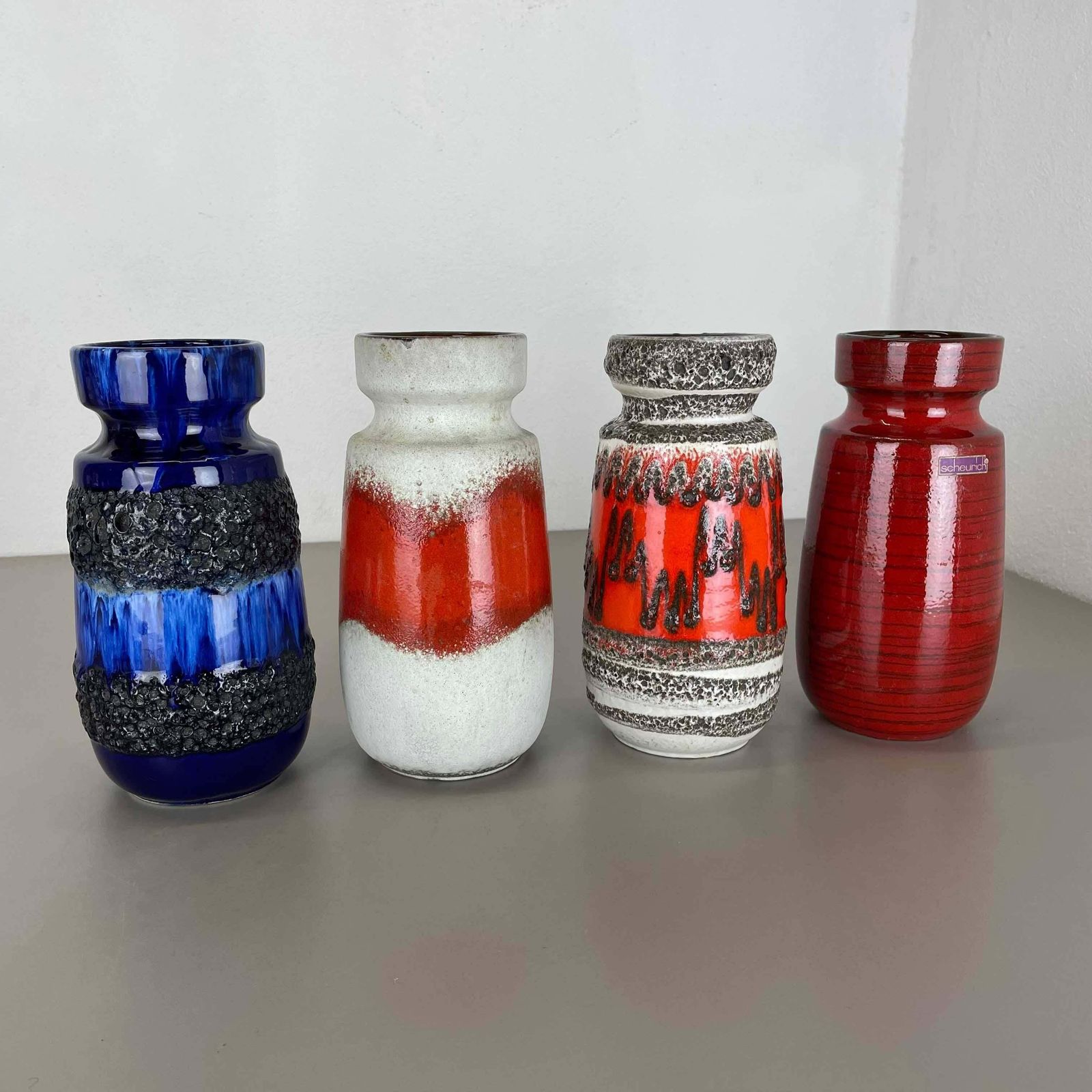 Set Of Four Vintage Pottery Fat Lava Vases Made By Scheurich, Germany, 1970s photo for sale