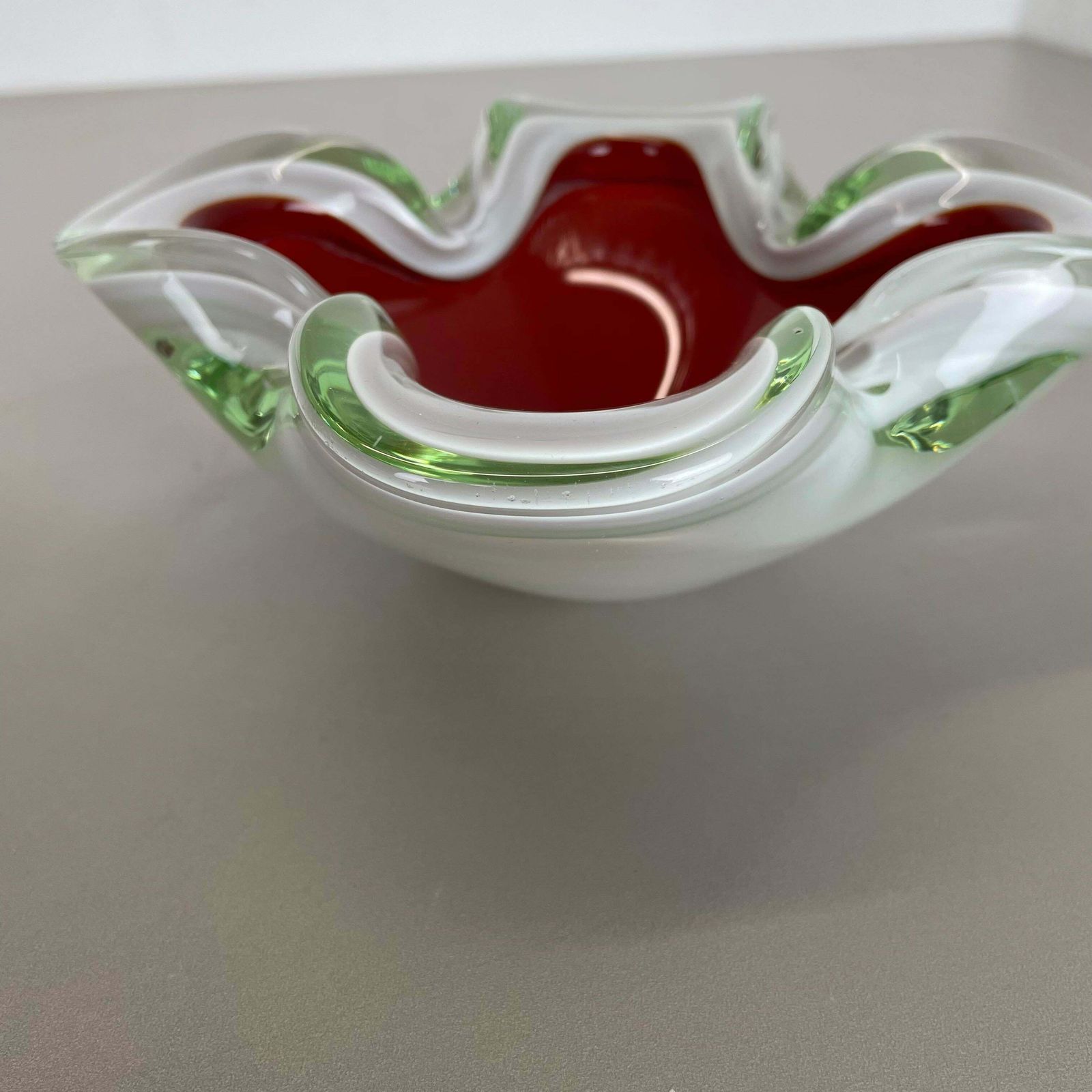 photo buy Large Murano Glass White Red Bowl Shell Ashtray Murano Italy 1970s