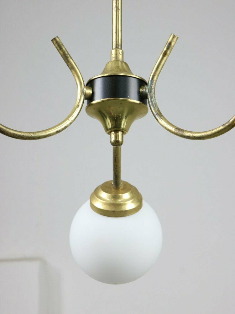 Mid Century Italian Chandelier In Brass And Opaline Glass photo vinterior