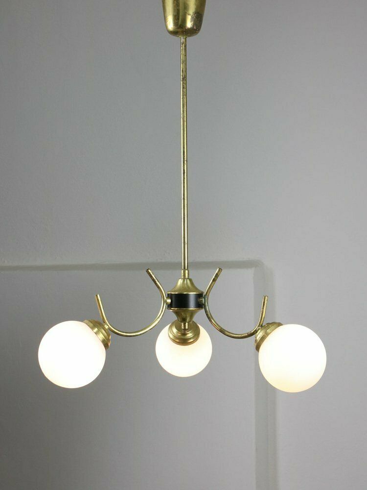 photo for sale Mid Century Italian Chandelier In Brass And Opaline Glass