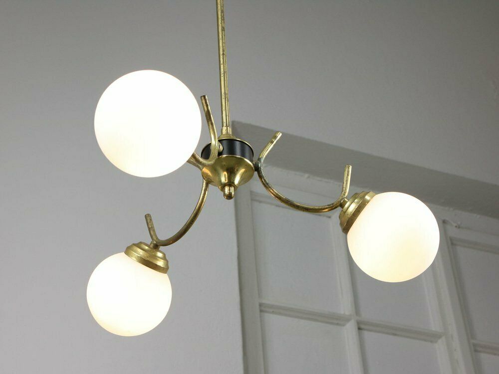 Lighting Mid Century Italian Chandelier In Brass And Opaline Glass photo
