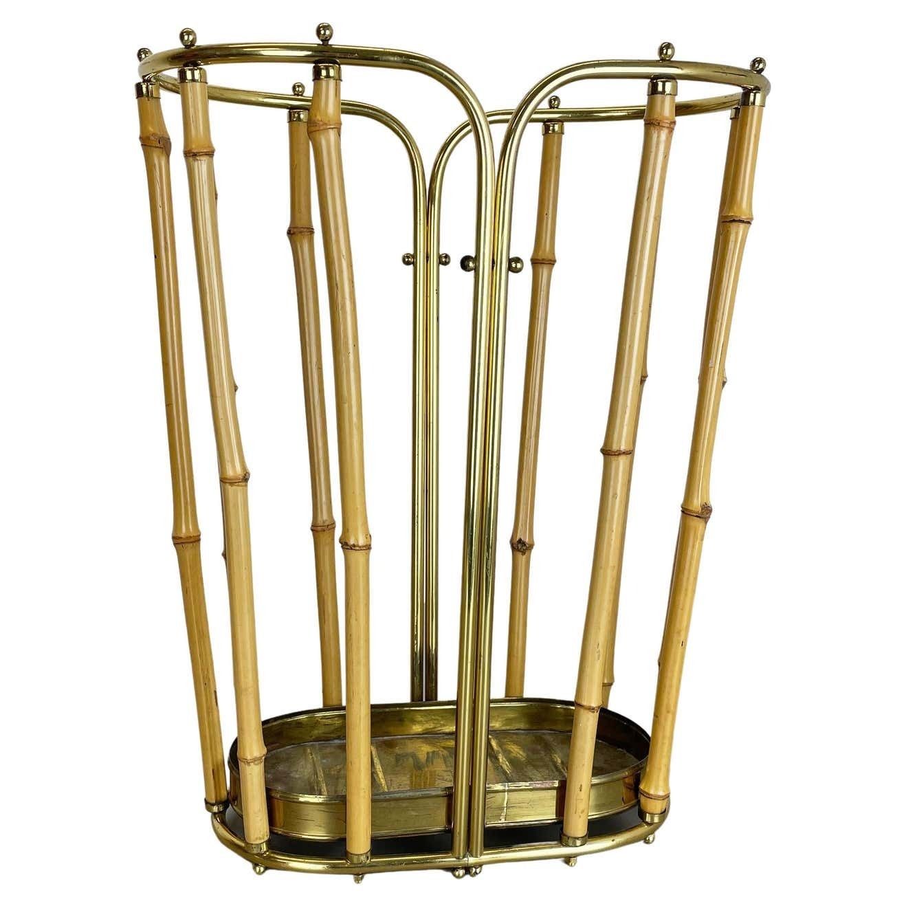 Hollywood Regency Auböck Style Brass Bamboo Umbrella Stand, Austria, 1950s