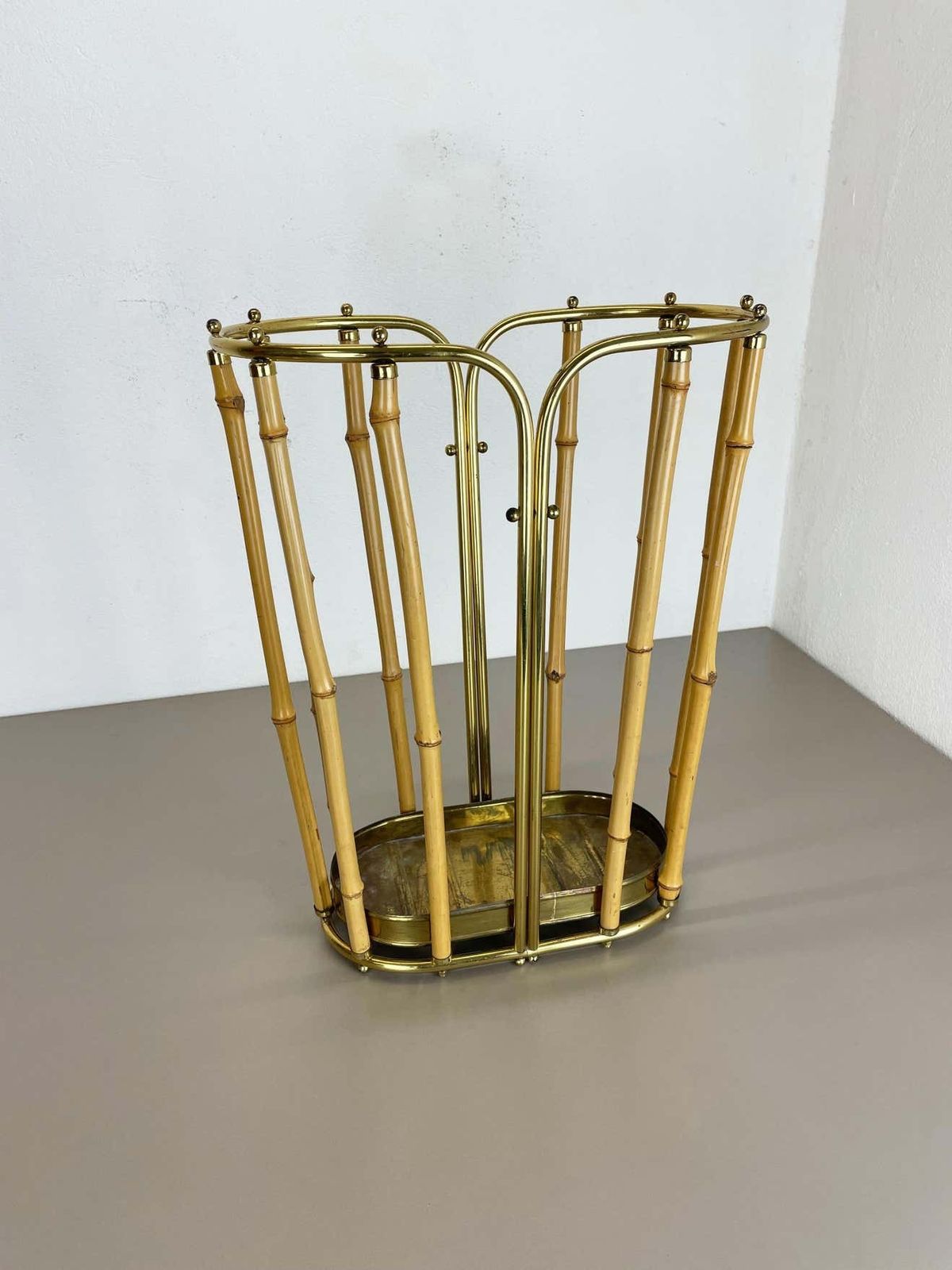 Hollywood Regency Auböck Style Brass Bamboo Umbrella Stand, Austria, 1950s photo furniture