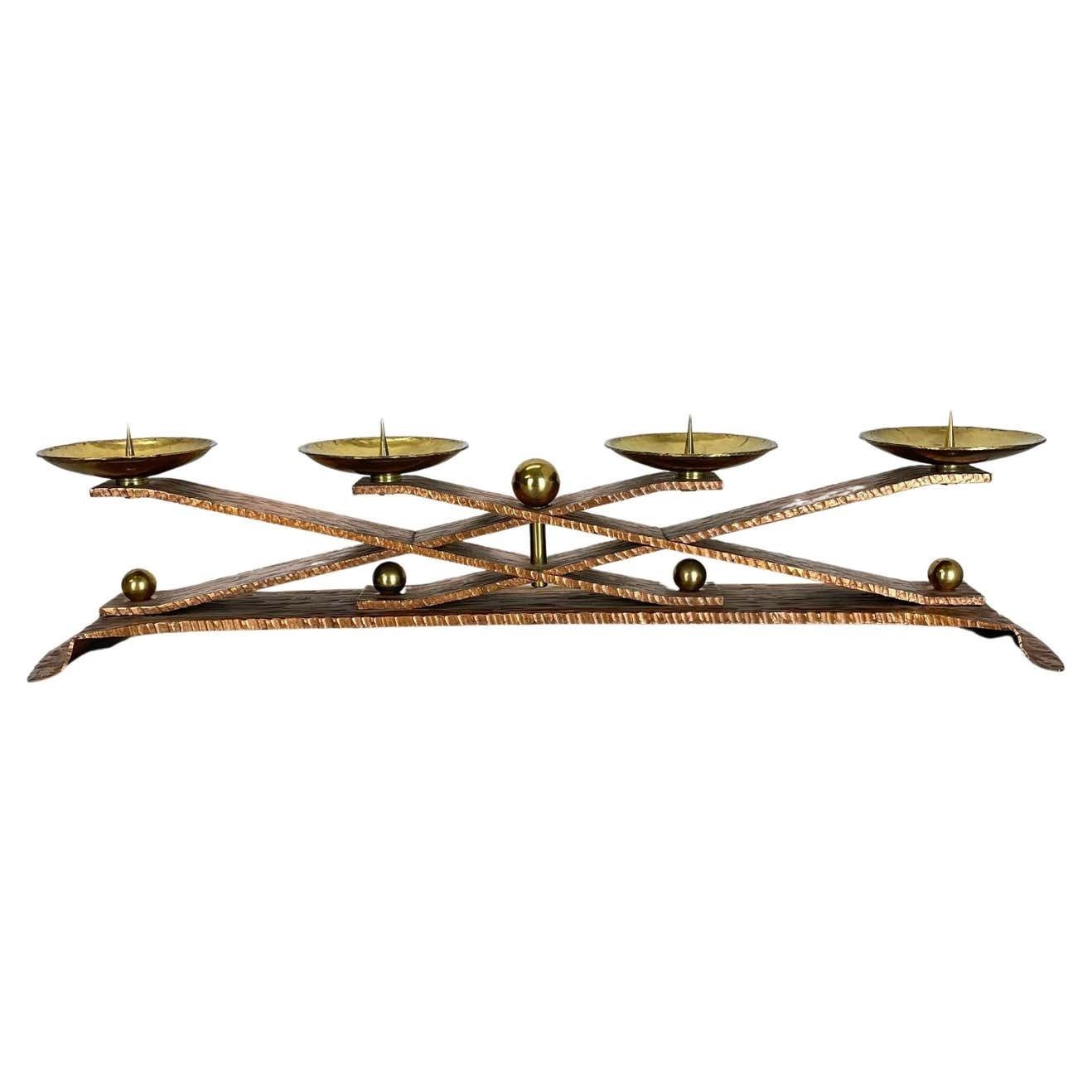 Hagenauer Style Brutalist Copper + Brass Candleholder, Austria 1950