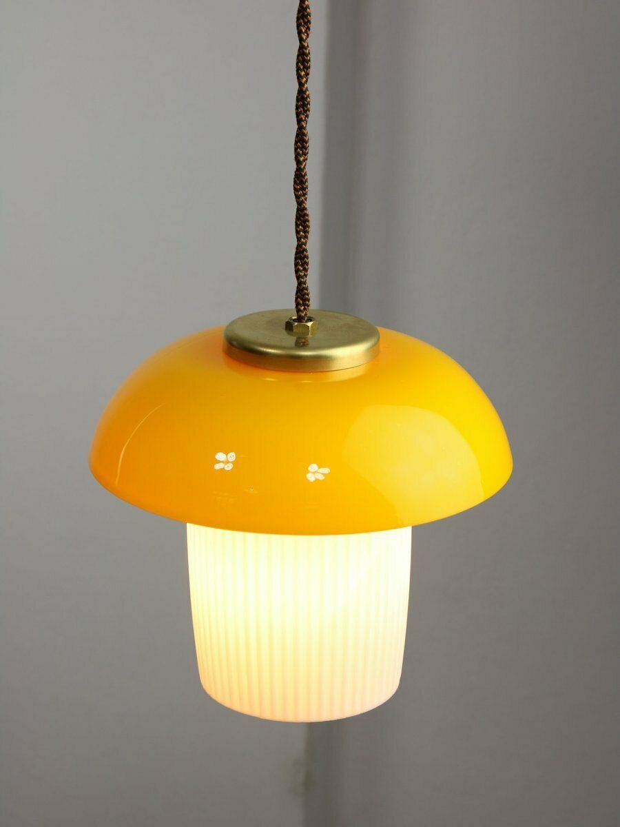Mid Century Mushroom Pendant Lamp In Yellow Glass And Brass photo for sale