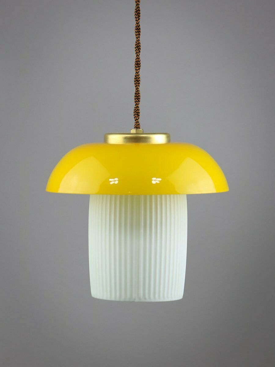 photo for sale Mid Century Mushroom Pendant Lamp In Yellow Glass And Brass