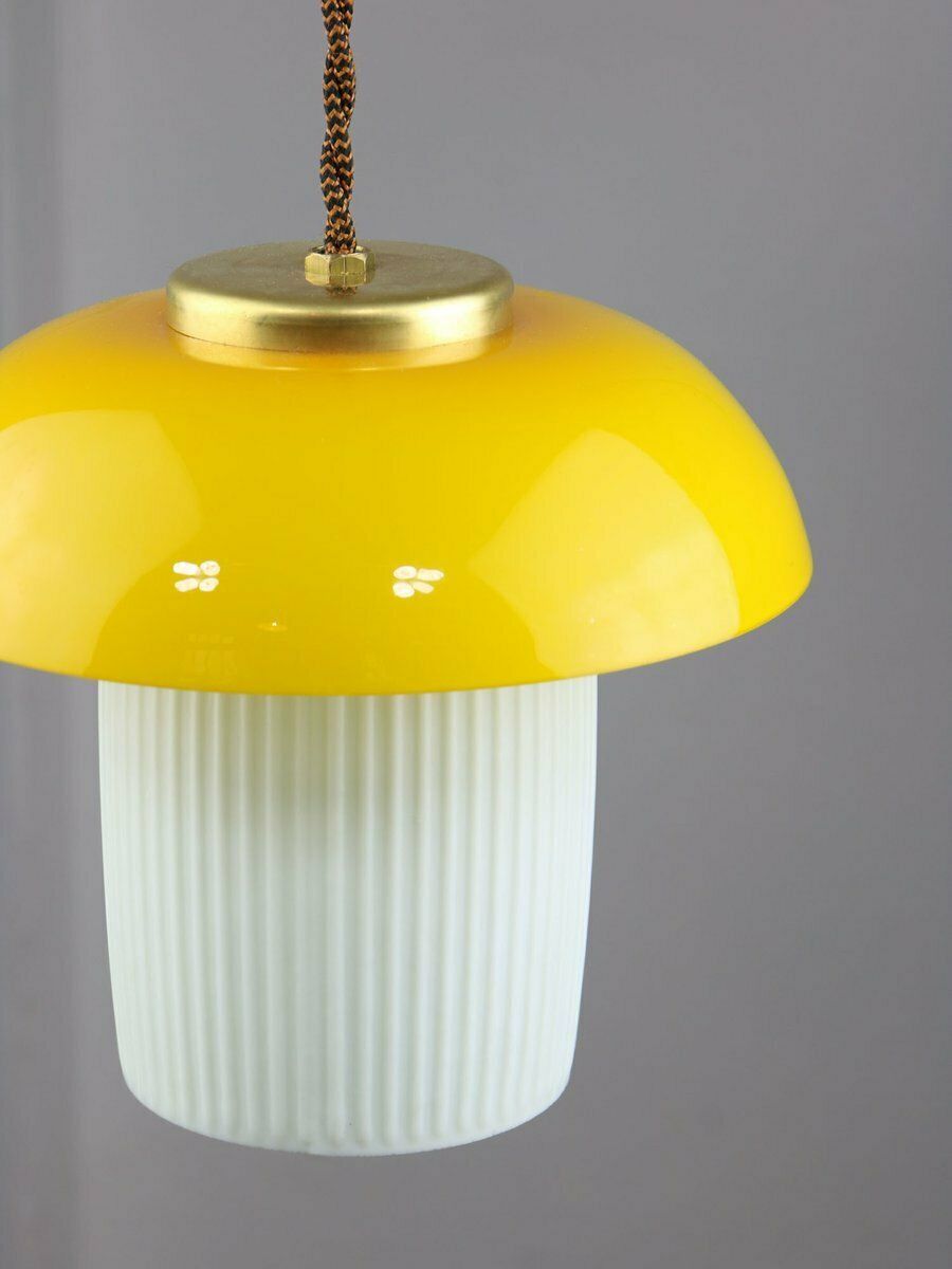 Lighting Mid Century Mushroom Pendant Lamp In Yellow Glass And Brass photo