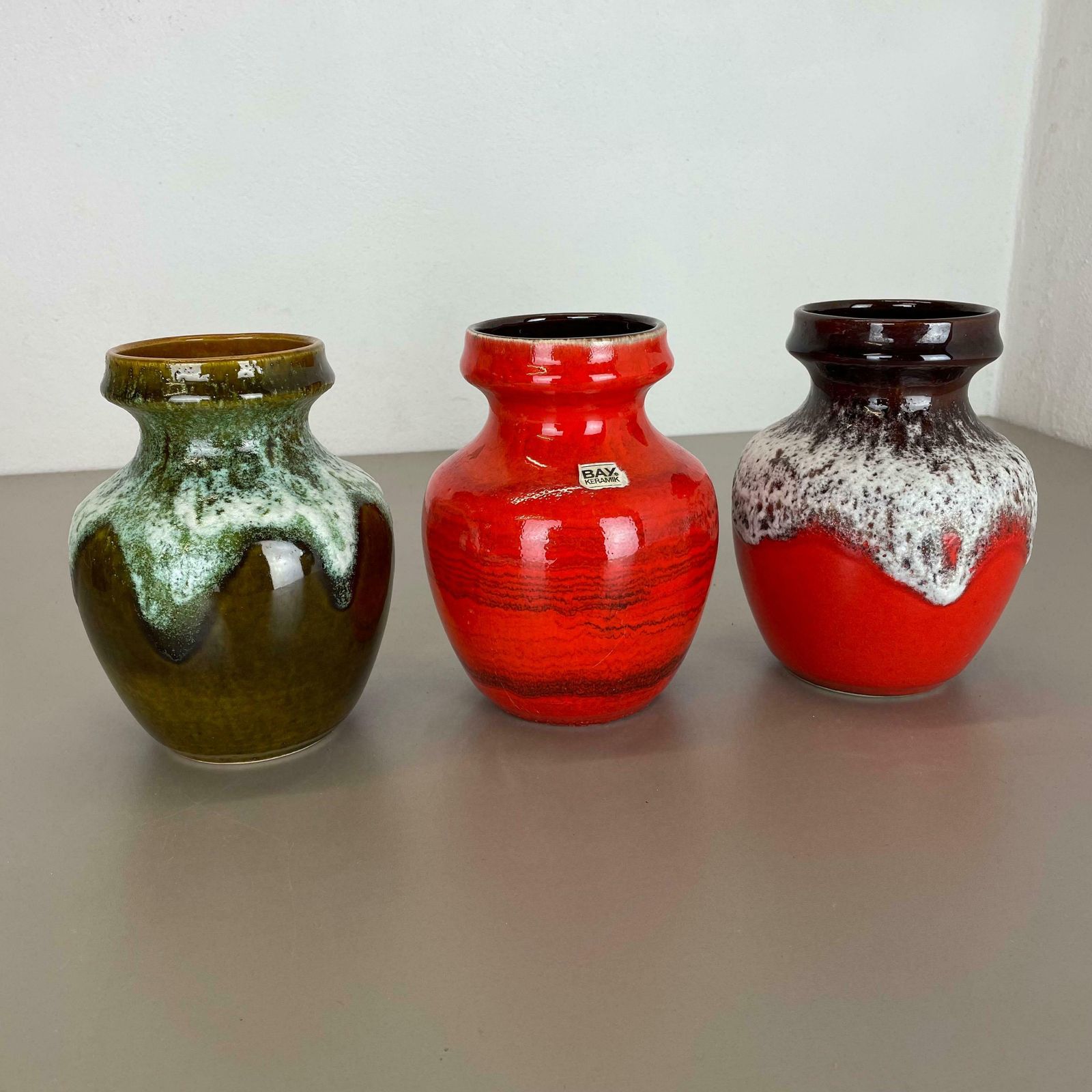 Set Of 3 Multi Color Fat Lava Op Art Pottery Vase Made Bay Ceramics, Germany photo furniture