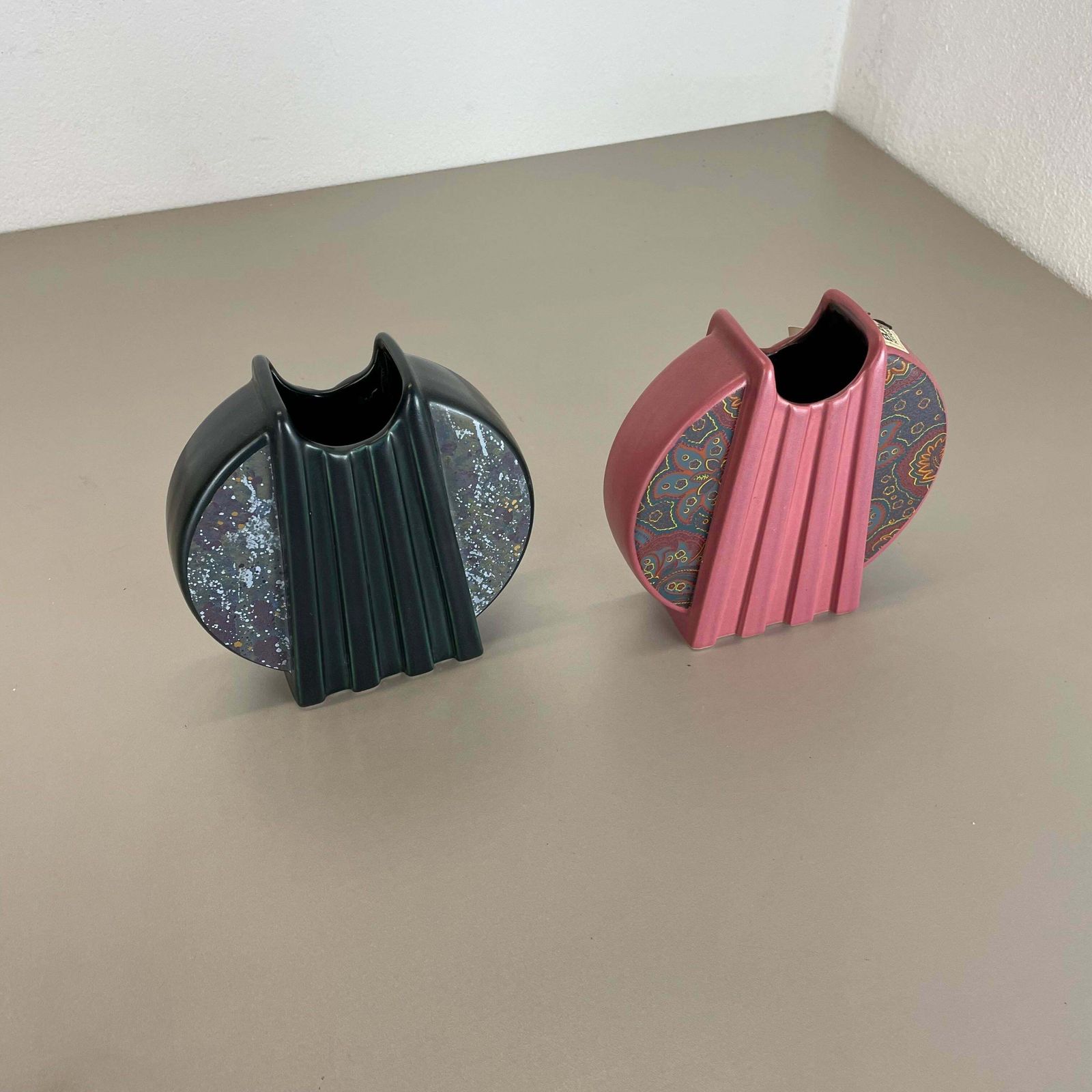 Set Of 2 Memphis Style Fat Lava Op Art Pottery Vases Bay Ceramics Germany, 1980s photo for sale