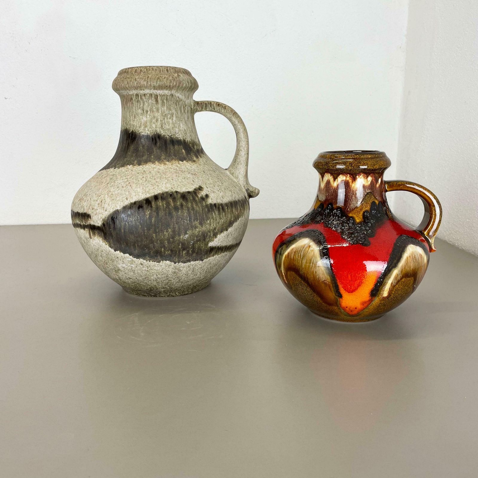 Set Of Two Pottery Fat Lava Vases Multi Colour By Scheurich Germany 1970s photo furniture