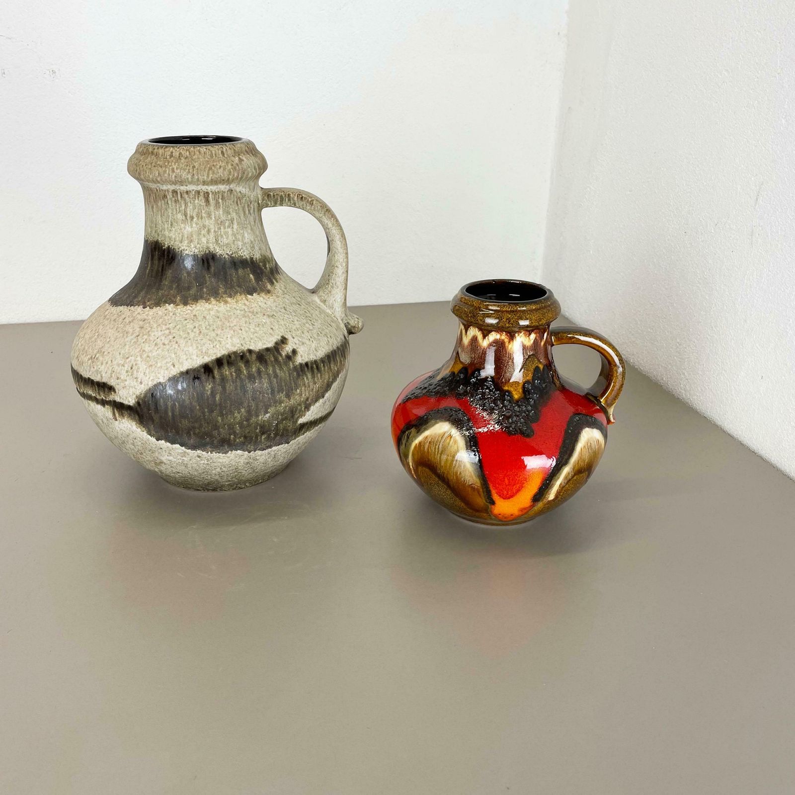 Set Of Two Pottery Fat Lava Vases Multi Colour By Scheurich Germany 1970s photo for sale