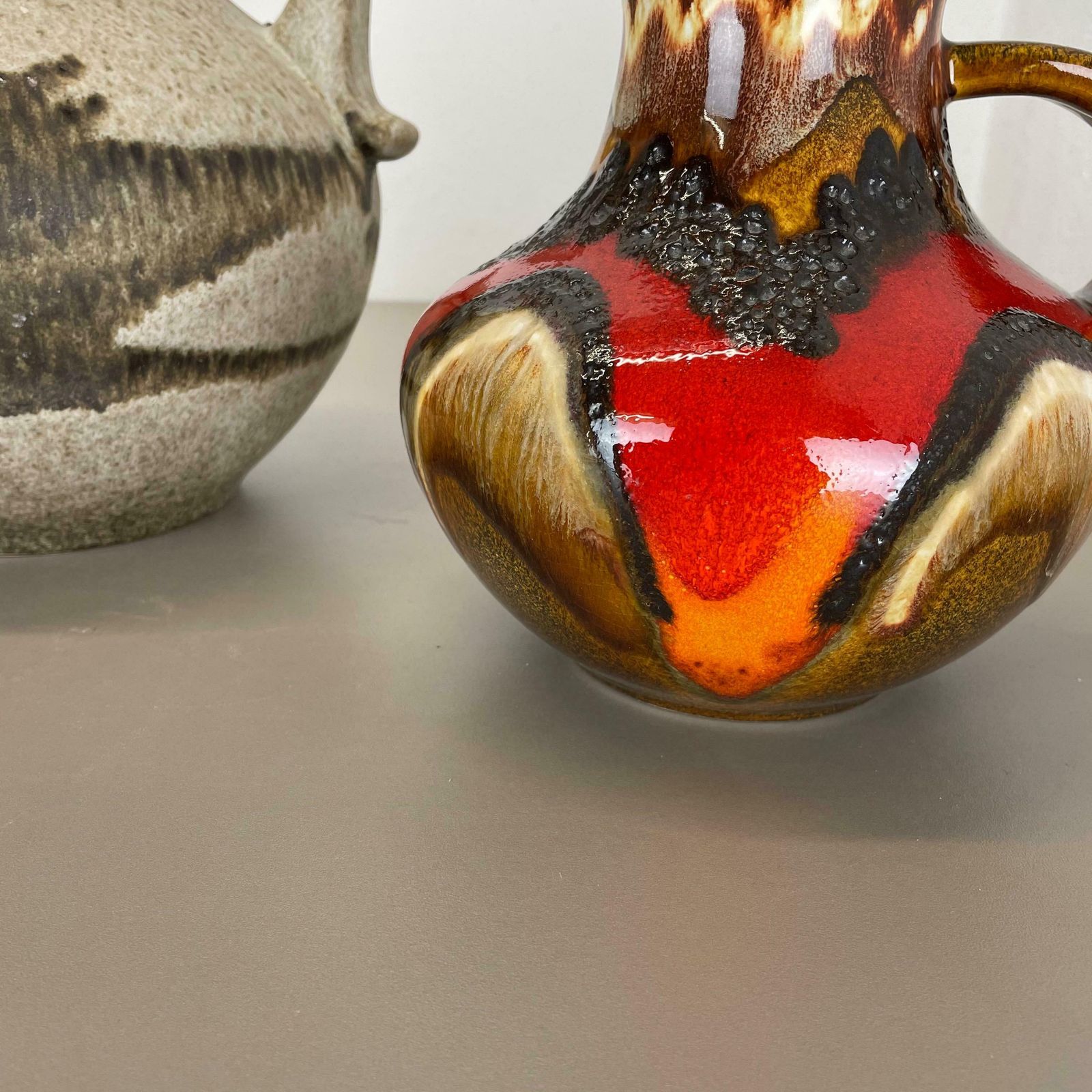 Set Of Two Pottery Fat Lava Vases Multi Colour By Scheurich Germany 1970s photo vintage