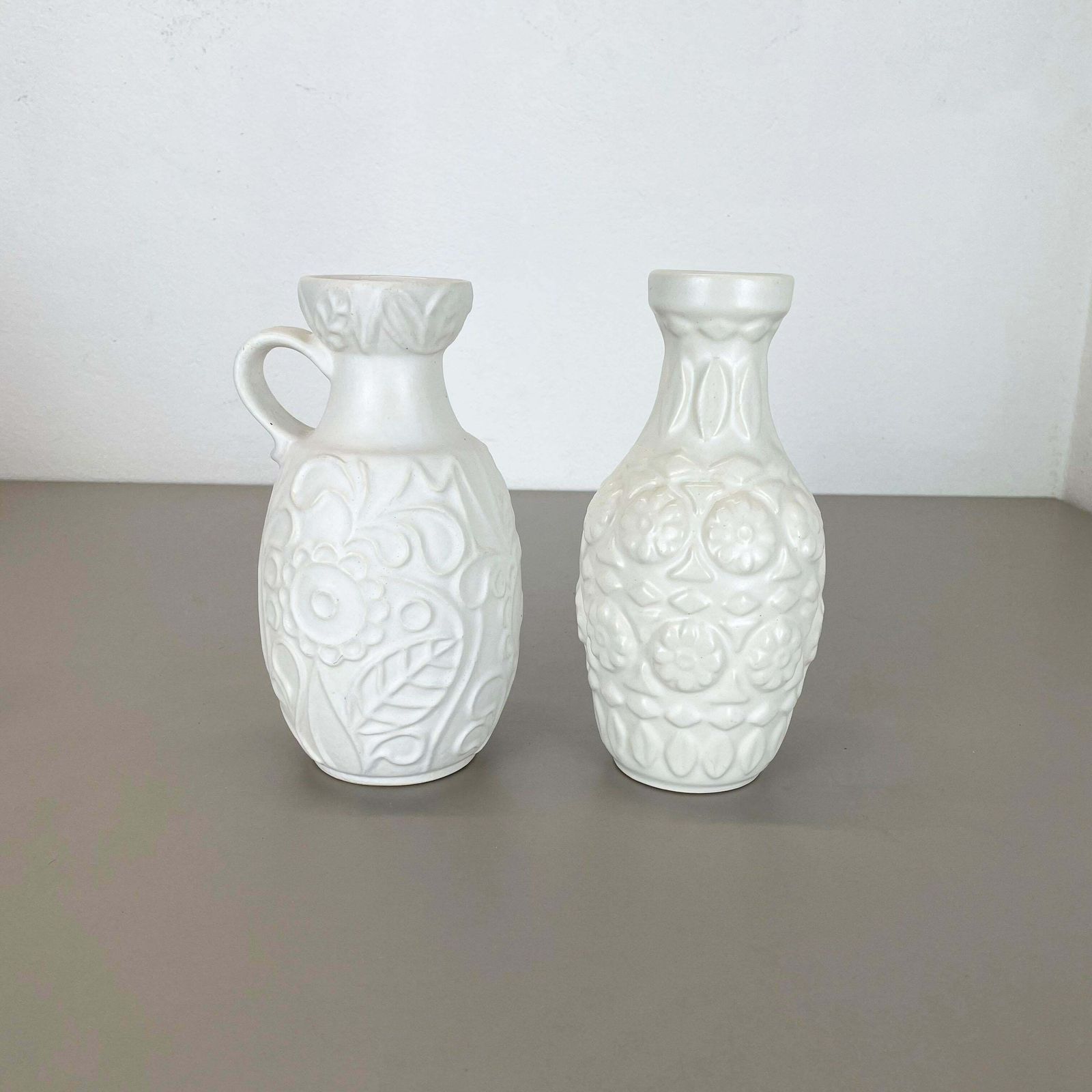 Set Of 2 White Floral Fat Lava Op Art Pottery Vase Made Bay Ceramics, Germany photo for sale