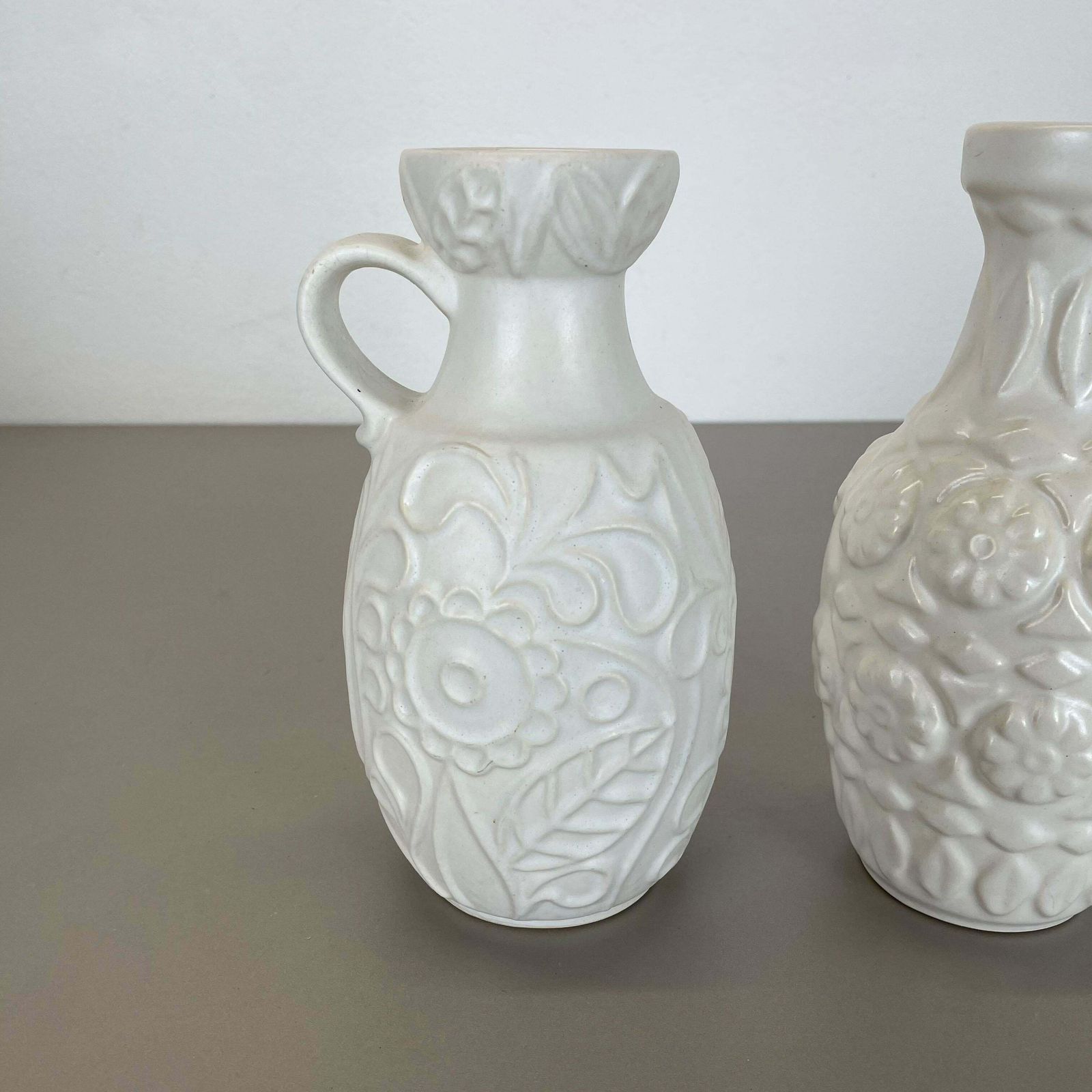 Set Of 2 White Floral Fat Lava Op Art Pottery Vase Made Bay Ceramics, Germany photo 446.0