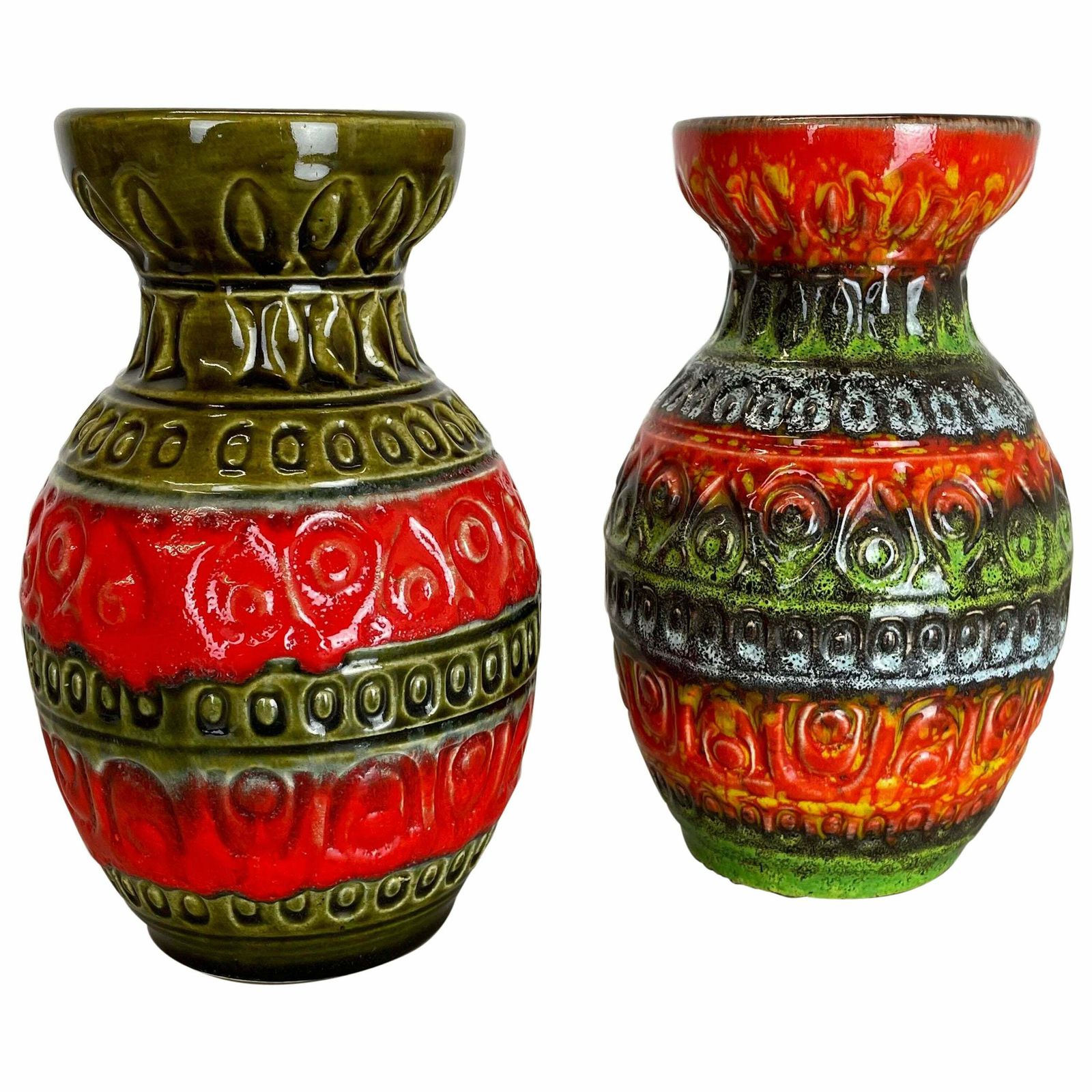 Set Of 2 Multi Color Fat Lava Op Art Pottery Vase By Bay Ceramics Germany, 1970s
