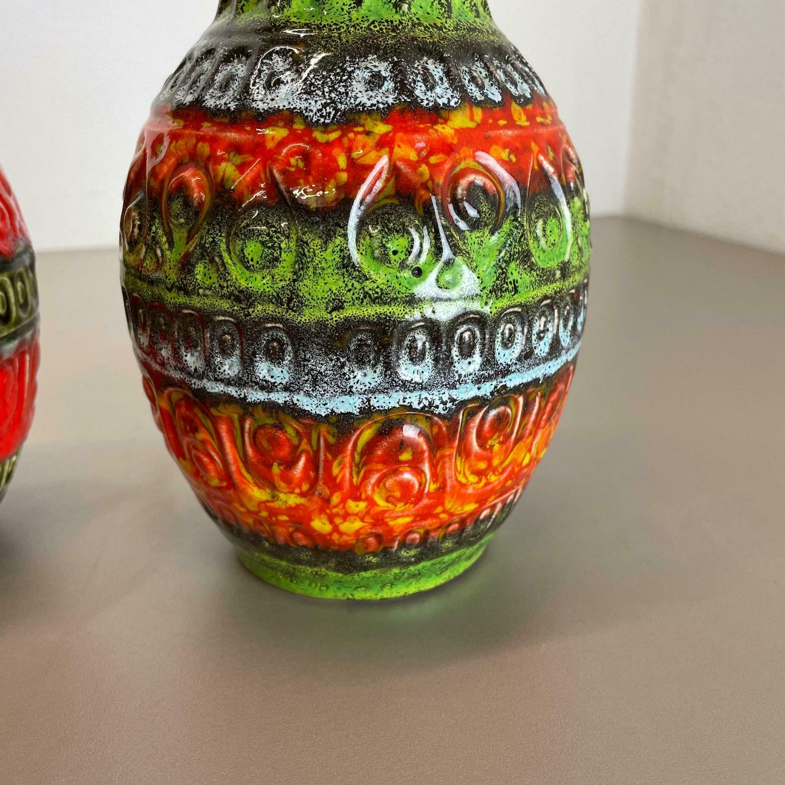 photo for sale Set Of 2 Multi Color Fat Lava Op Art Pottery Vase By Bay Ceramics Germany, 1970s