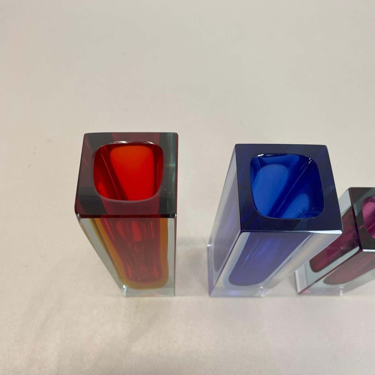 Rare Set Of 3 Multicolor Faceted Murano Glass Sommerso Cube Vases, Italy, 1970s photo Home Decor
