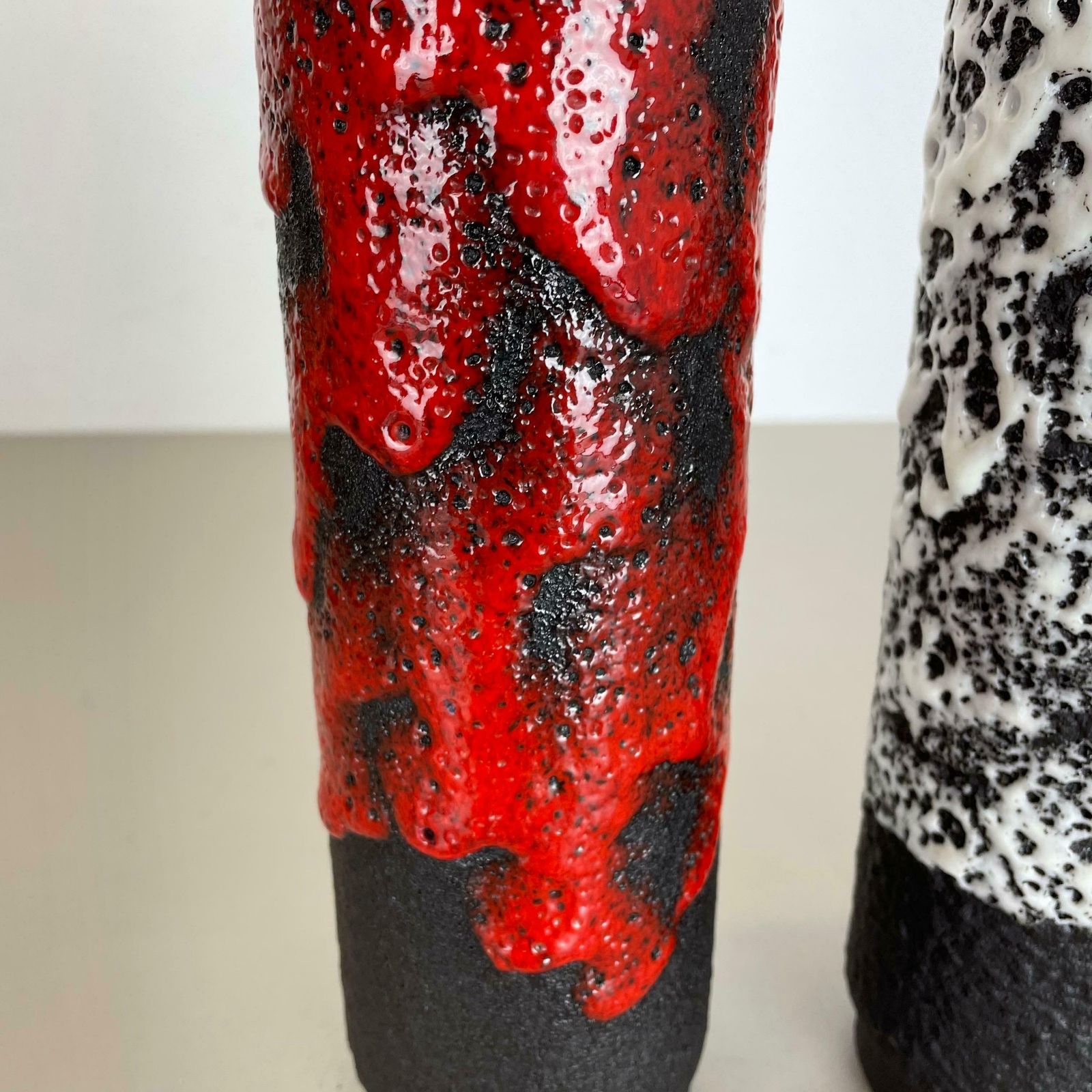 photo for sale Set Of Two Pottery Fat Lava Vases Black Red White By Jopeko  Germany 1970s