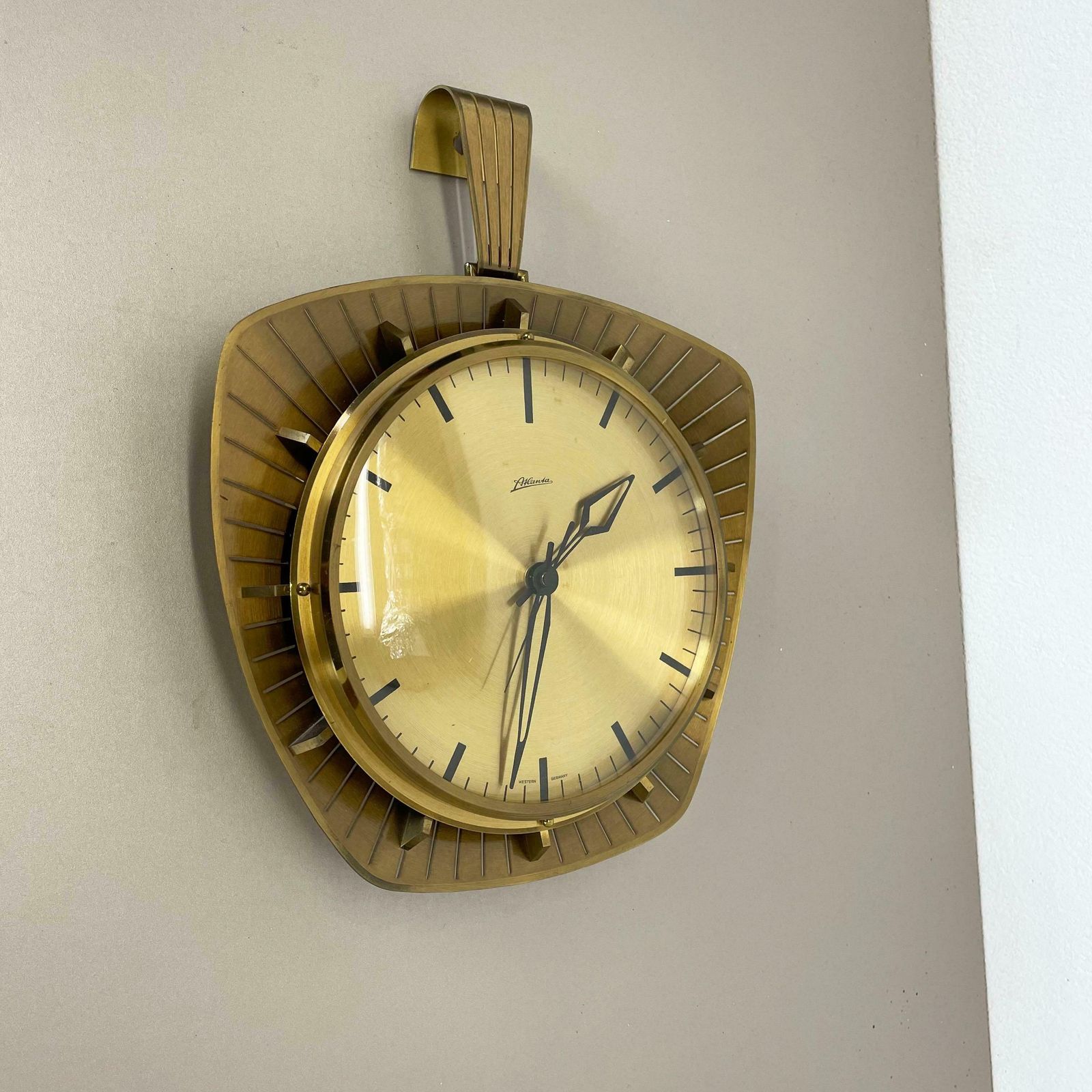 Vintage Hollywood Regency Brass Wall Clock Atlanta Kienzle Germany 1950s photo furniture