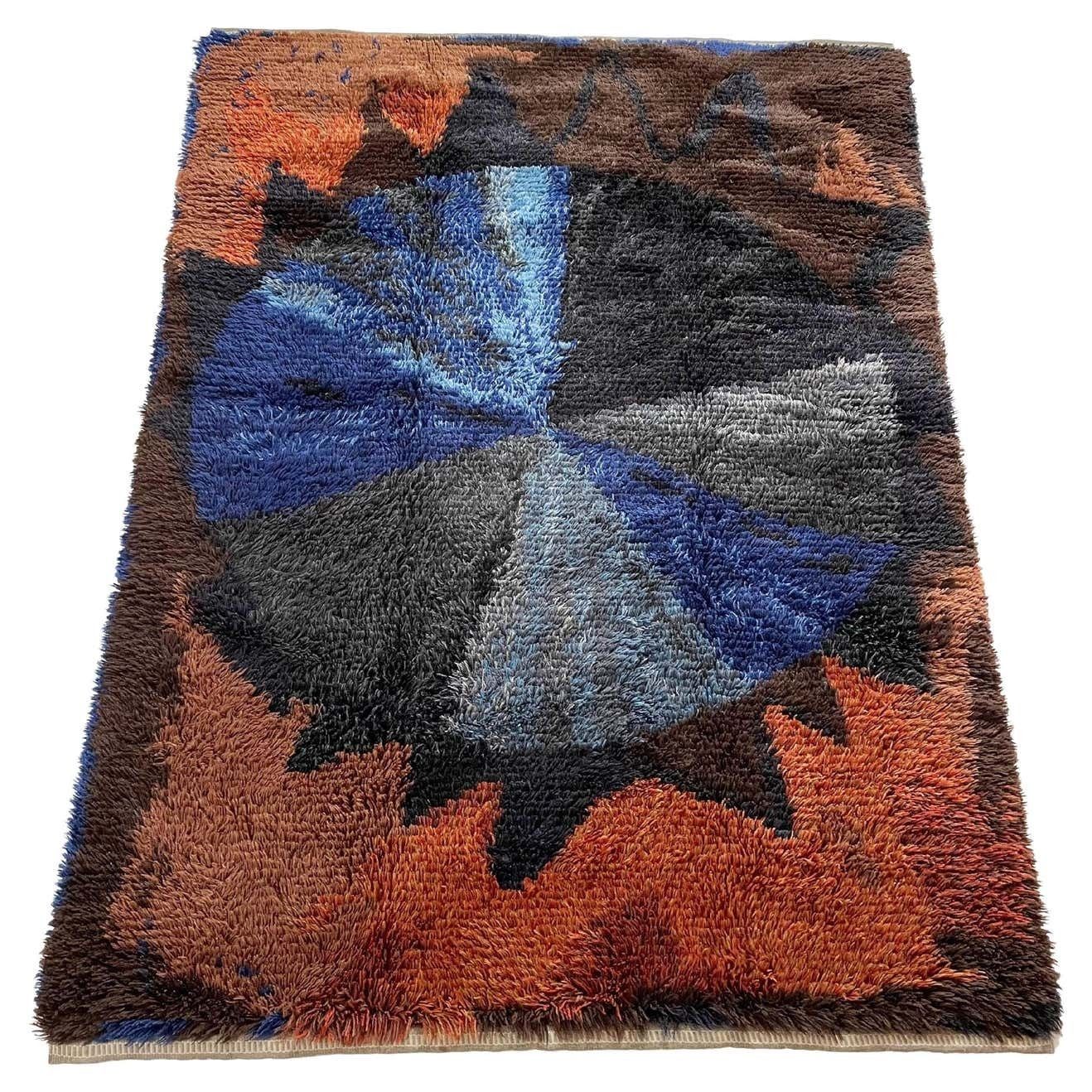 Abstract Scandinavian Multicolor High Pile Rya Rug Carpet, Sweden, 1960s