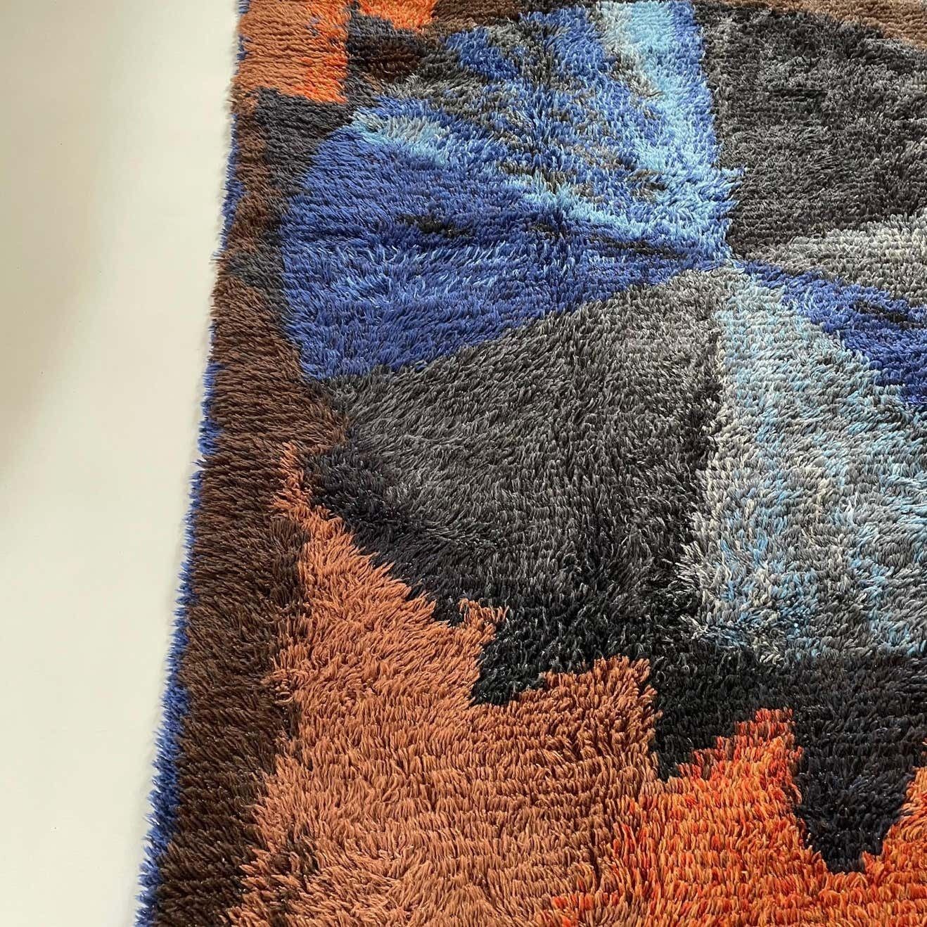Abstract Scandinavian Multicolor High Pile Rya Rug Carpet, Sweden, 1960s photo vintage