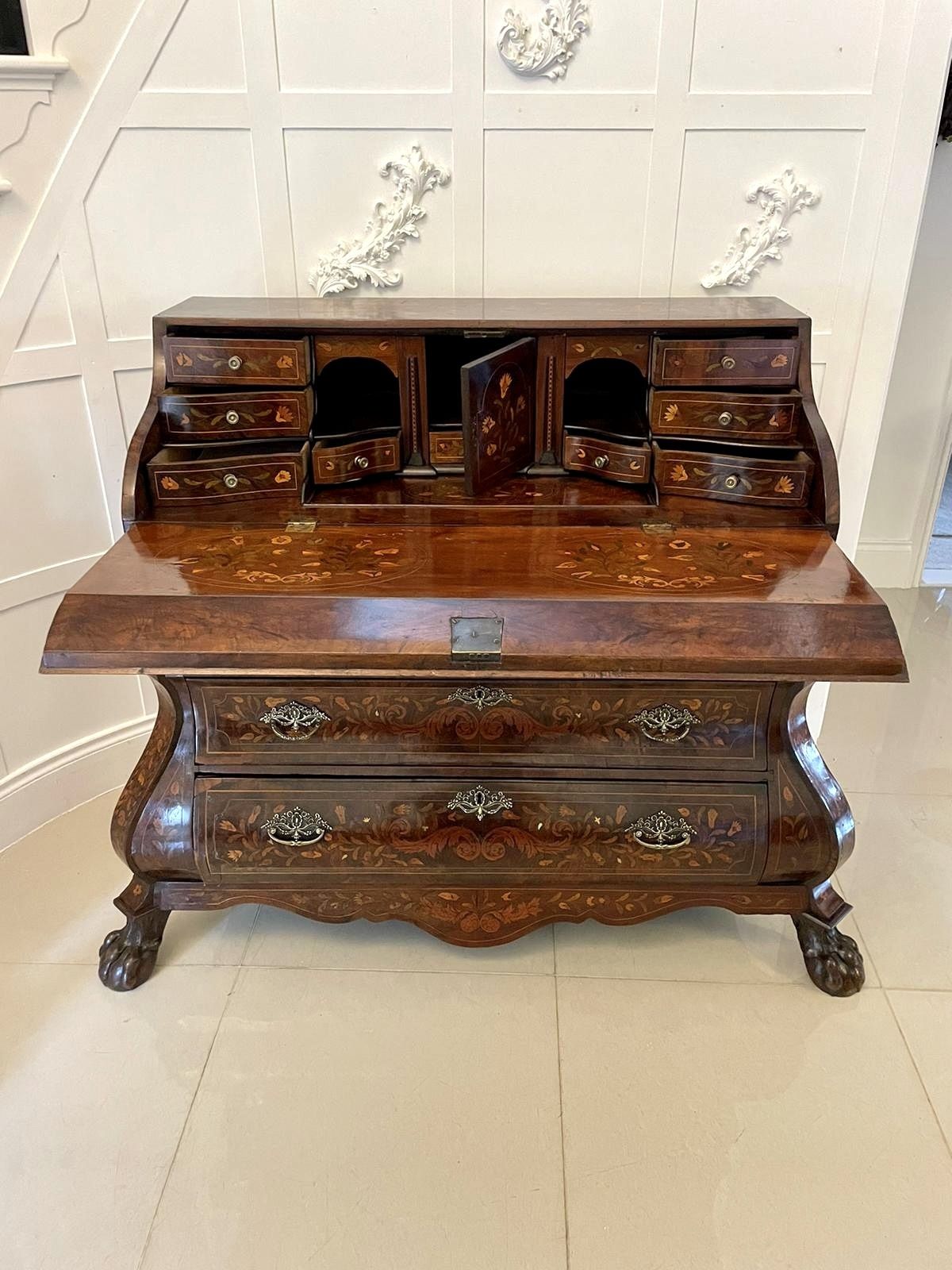 Antique 18th Century Quality Burr Walnut Floral Marquetry Inlaid Bombe Shaped Bureau photo buy