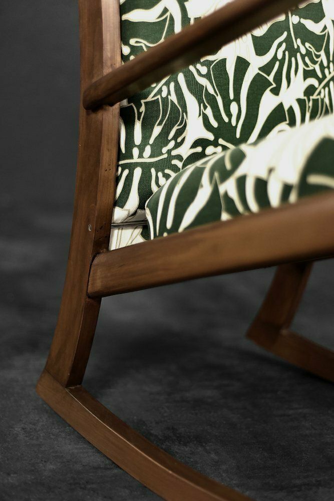Danish Modern Rocking Chair In Wood And Monstera Leaf Pattern Fabric, 1960s photo furniture