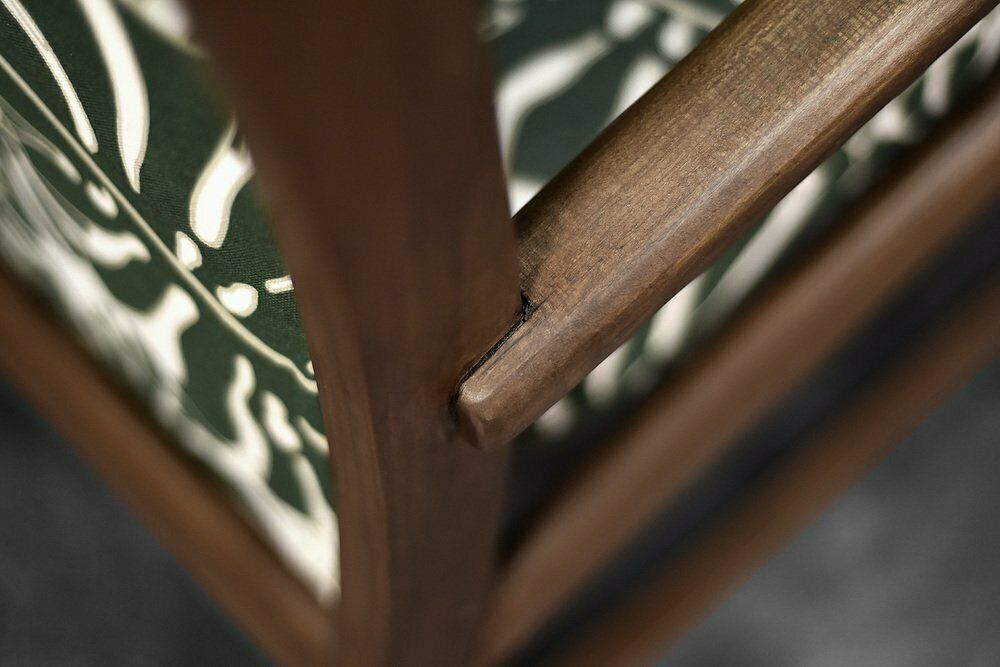 photo vintage Danish Modern Rocking Chair In Wood And Monstera Leaf Pattern Fabric, 1960s