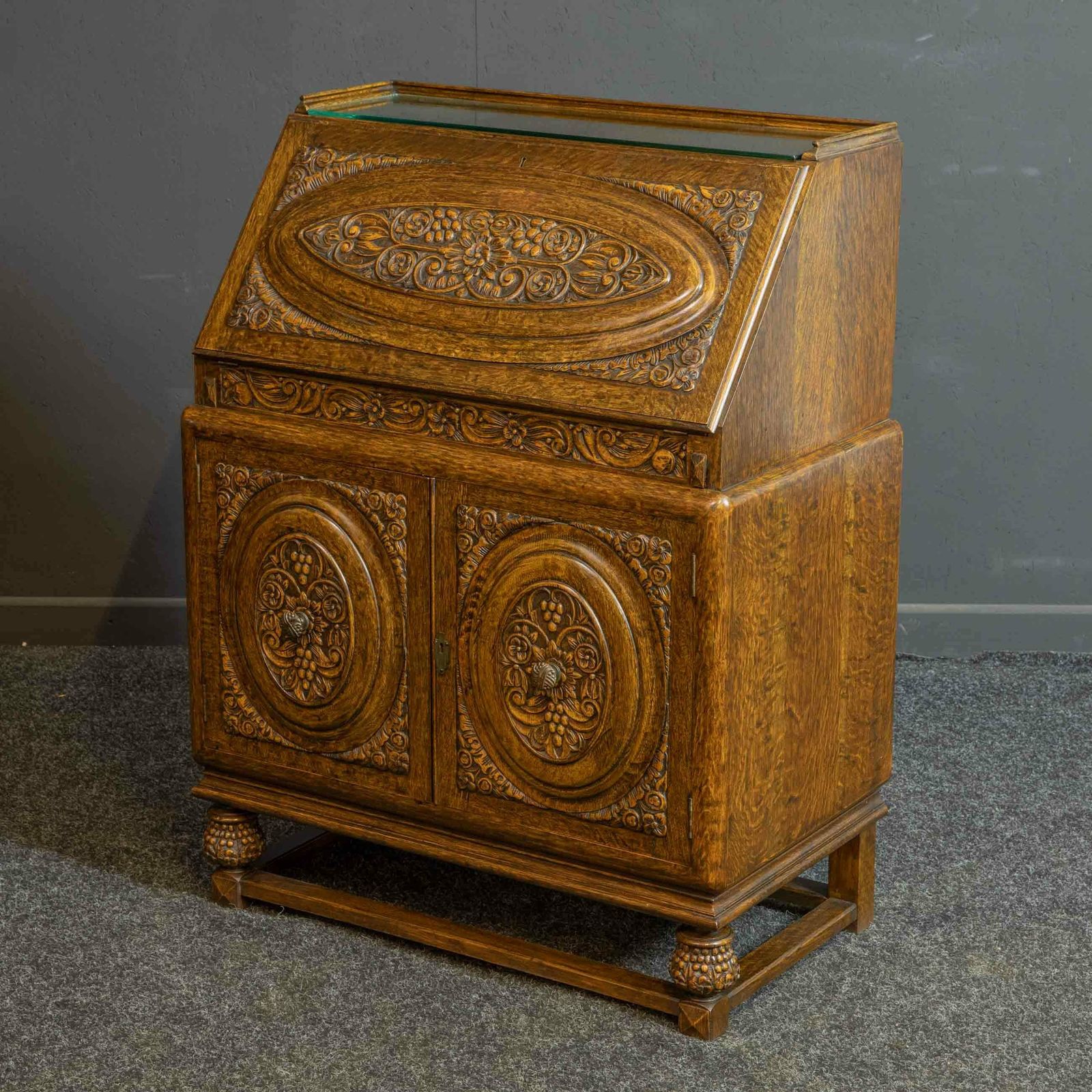 Early 20th Century Carved Oak Bureau photo for sale